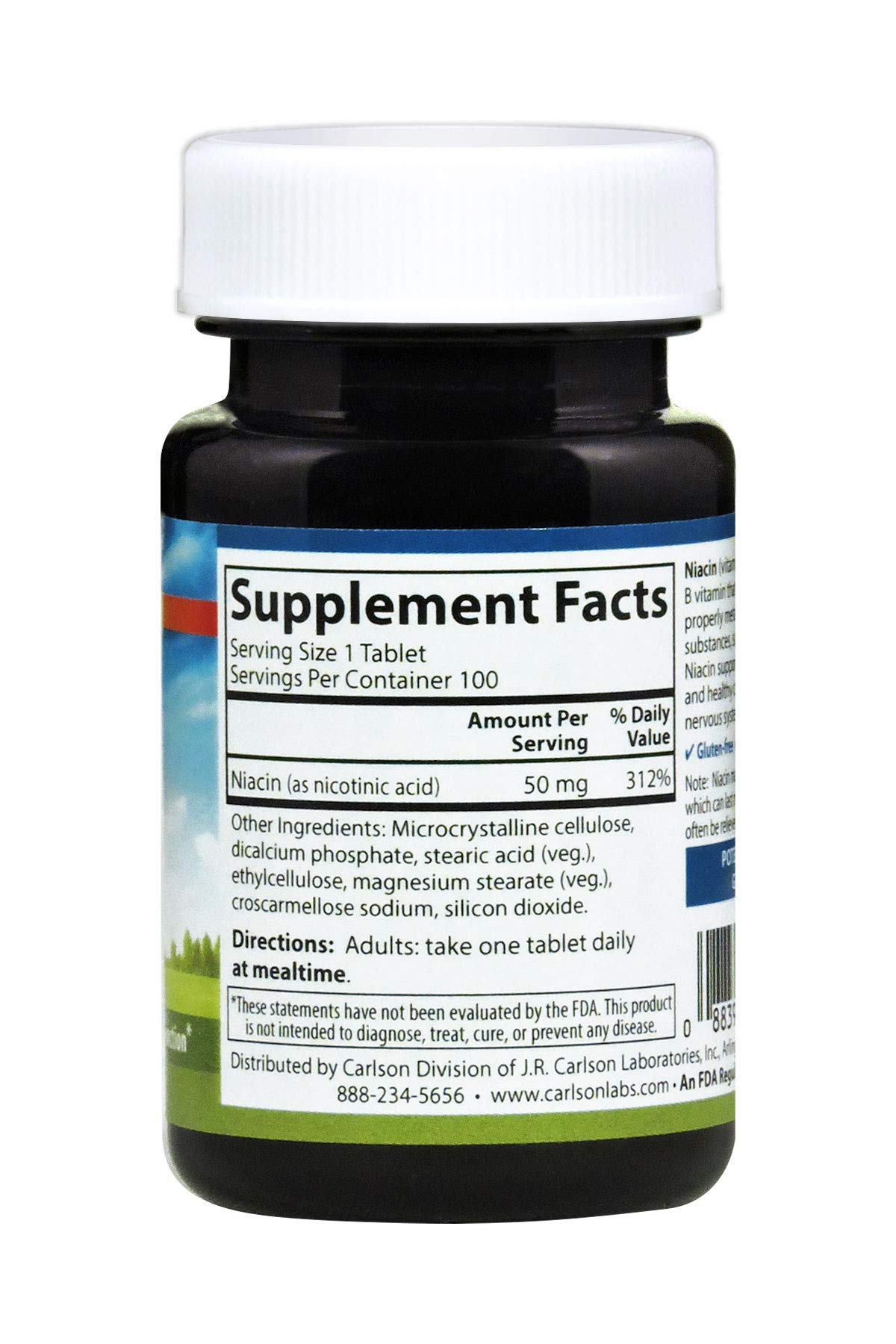 Carlson - Niacin, 50 mg, Supports Cholesterol Metabolism, Energy Production, Heart Health, Nerve Function, 100 Tablets