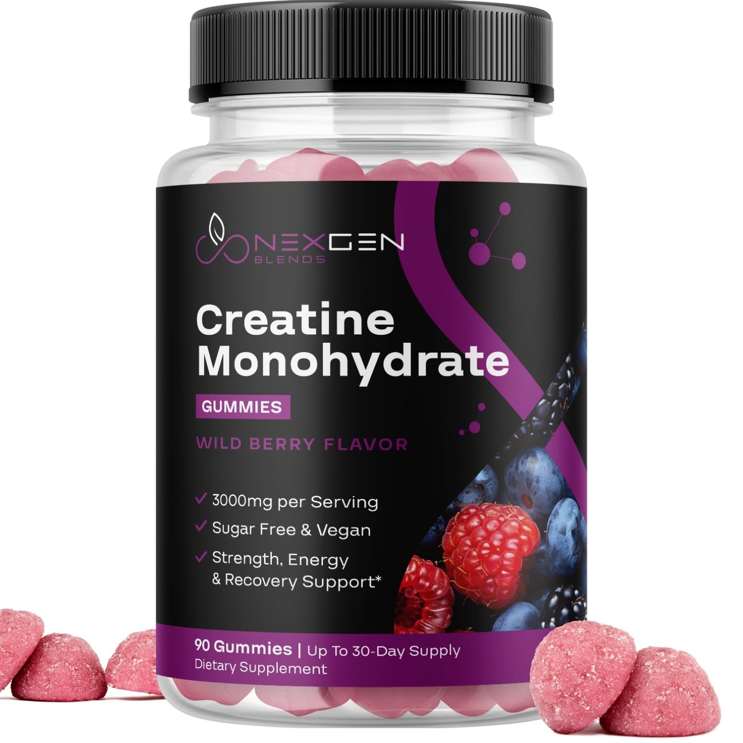 Sugar Free Creatine Monohydrate Gummies - Vegan Creatine Gummies for Women & Men with 3000mg per 3 Creatine Chews Supports Energy & Recovery - Gluten Free & Non-GMO - Wild Berry Flavor (30 Servings)