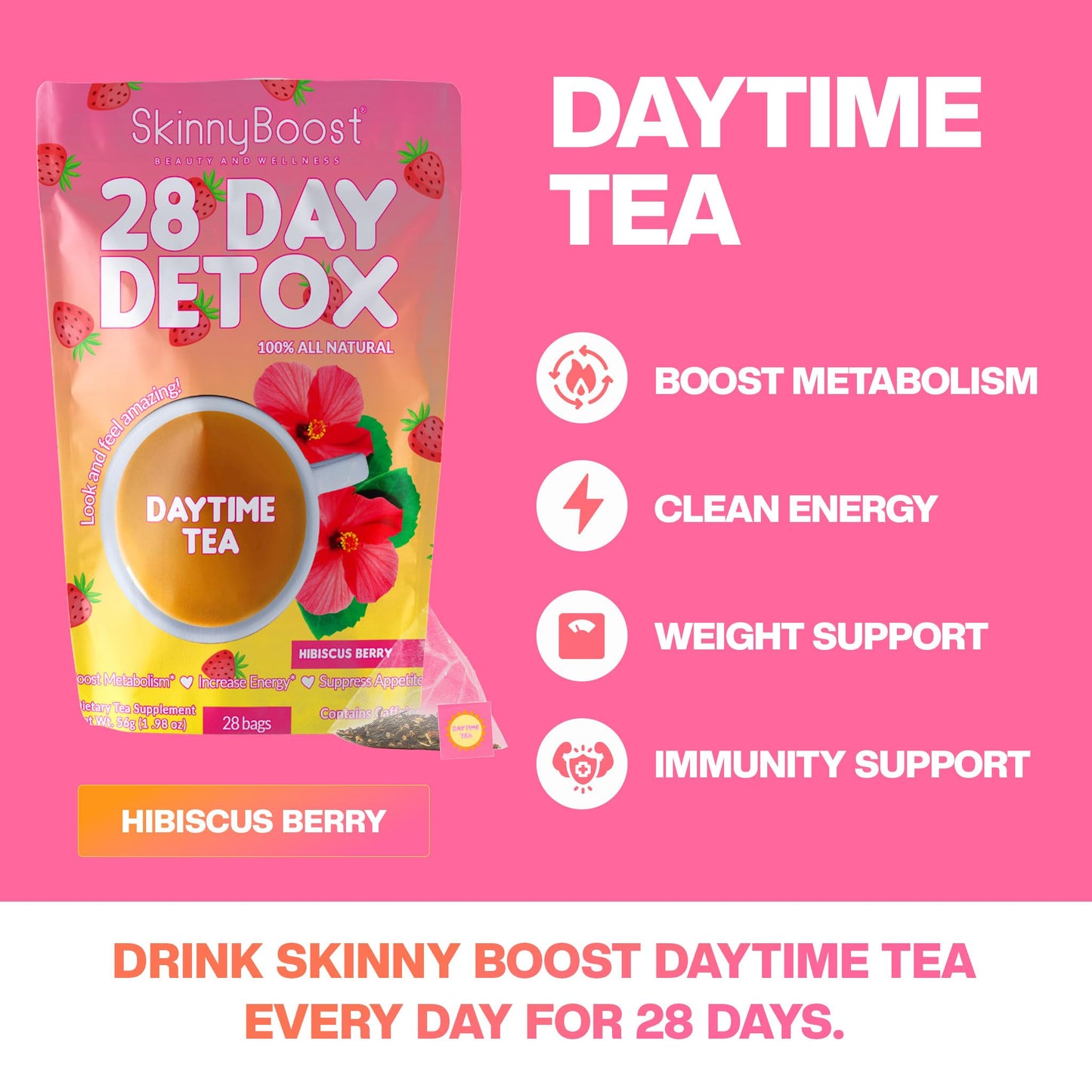 SkinnyBoost 28 Day Detox Daytime Tea -Hibiscus Berry (28 Tea Bags) Supports Metabolism Boost, Detox, All Natural, Non GMO, Vegan, Keto Friendly