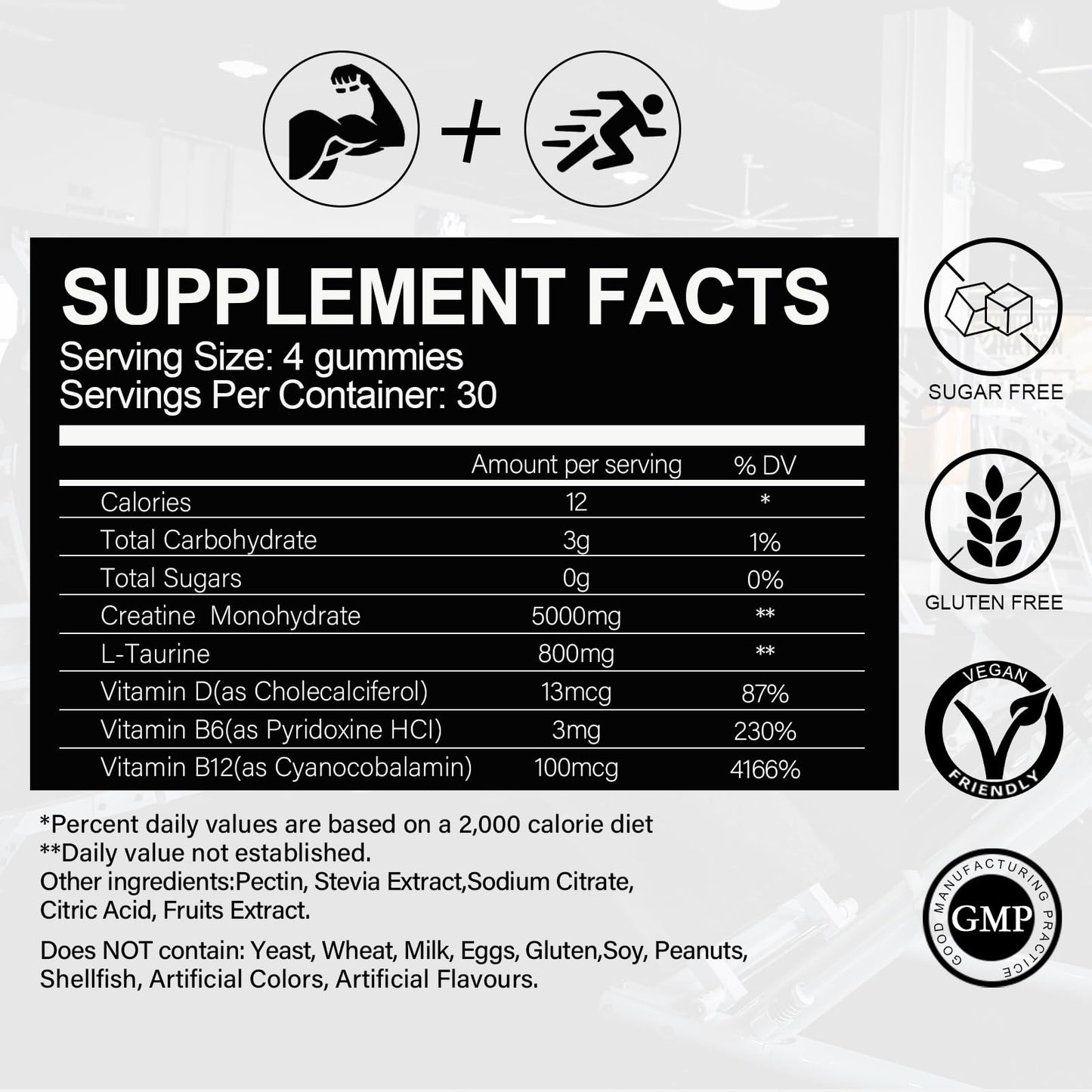 Sugar Free Creatine Monohydrate Gummies 5000mg for Men & Women- Chewables Creatine Monohydrate with L-Taurine, B6, B12 for Muscle Growth and Strength, Vegan, Natural Mixed Berry Flavor, 120 Count