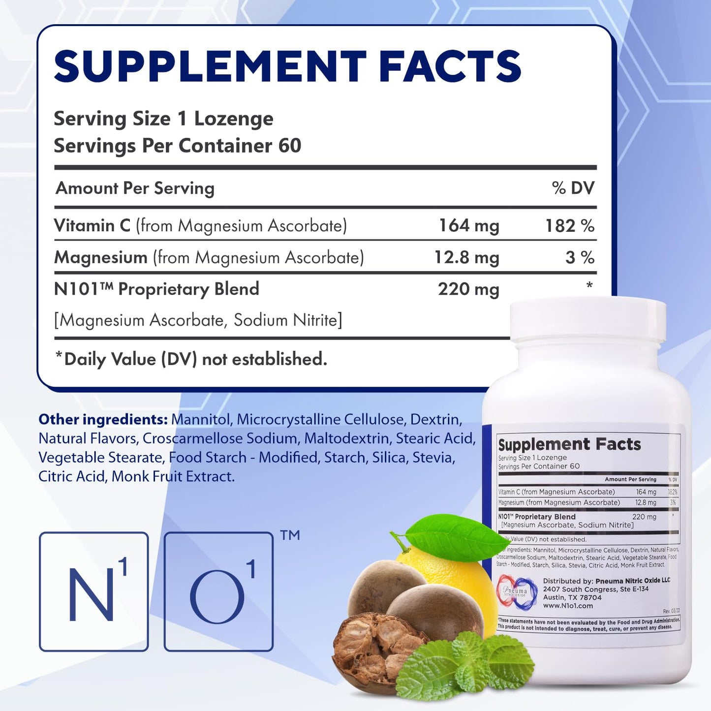 N1O1 Nitric Oxide Lozenges - 60 Count - Nitric Oxide Booster for Heart Health, Circulation, Energy, Blood Flow, Oxygenation, Healthy Blood Pressure, Cardiovascular Support Supplement for Men & Women
