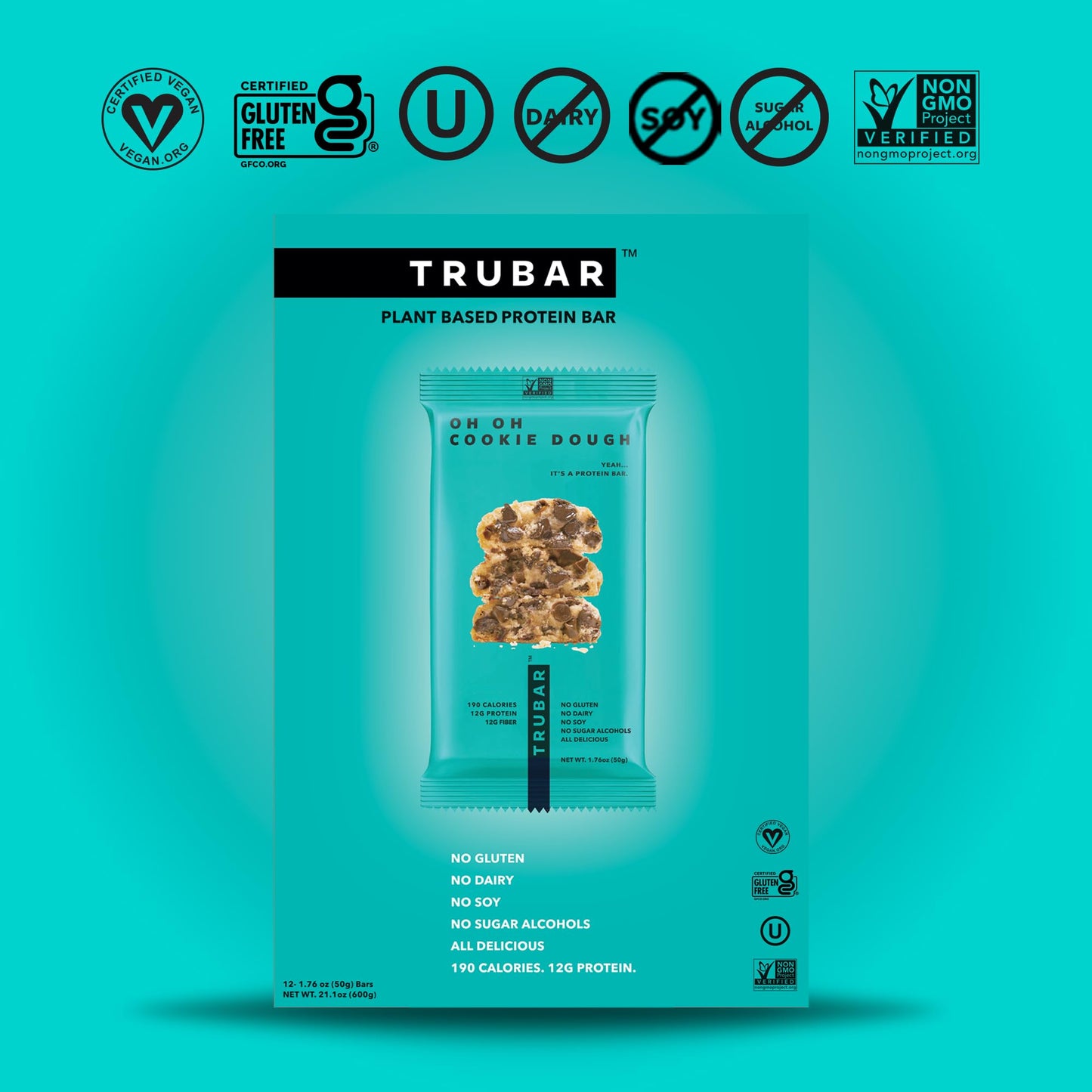 TRUBAR Vegan Protein Bar Oh Oh Cookie Dough Gluten Free Plant Based Protein Dairy Free Non GMO Soy Free No Sugar Alcohols 12G Protein 13G Fiber 23G Carb Healthy on the Go Snack Bars 12 CT