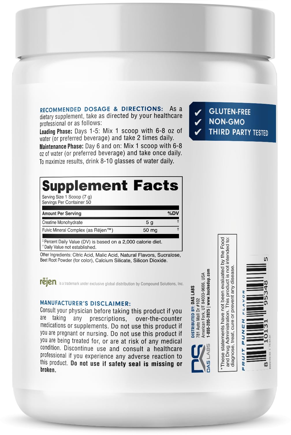 Bucked Up Fruit Punch Creatine for Women and Men - Easy to Mix Vegetarian - Flavored Creatine Monohydrate Powder - Made in USA - 5G Per Serving - 50 Servings - 250 Grams Per Container