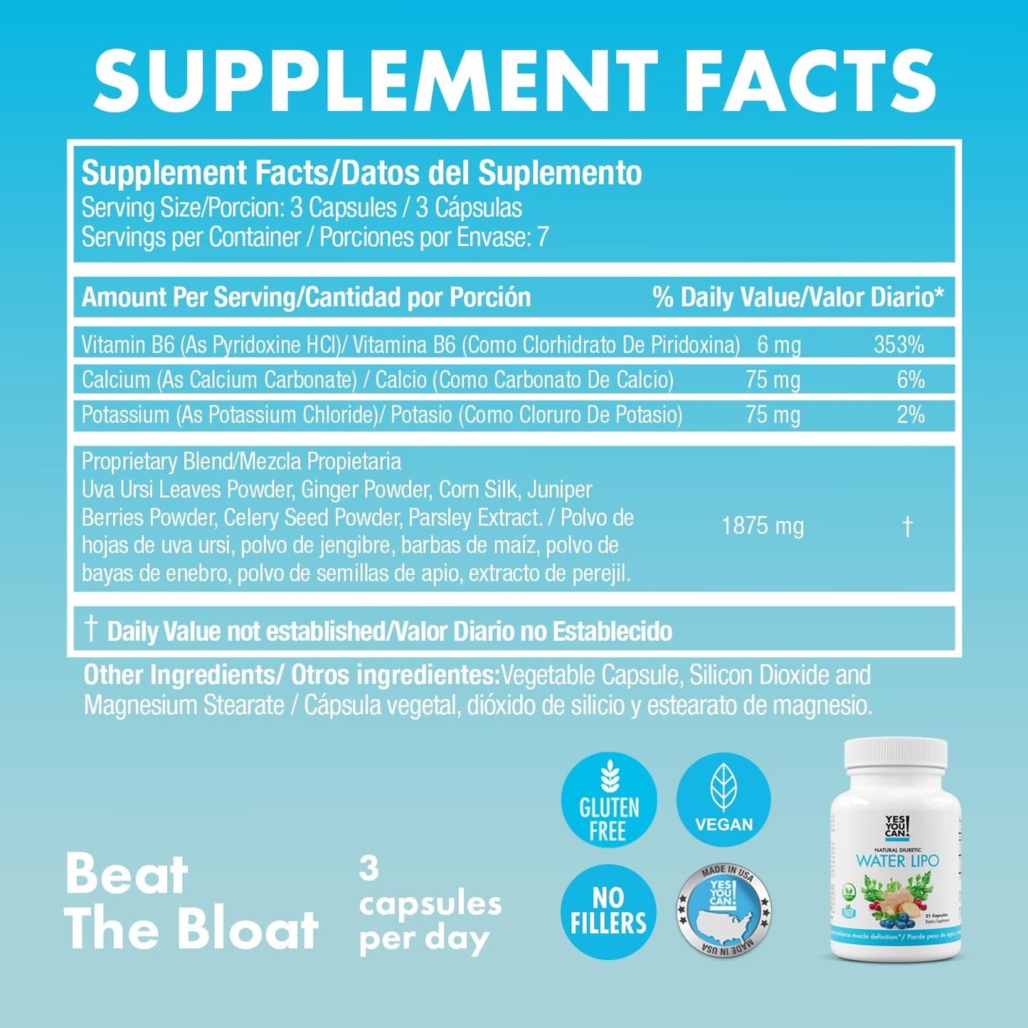 Yes You Can! Natural Water Lipo Pills - Diuretic Cleanse with Electrolytes & Vitamins - Helps with Water Retention - Gluten-Free, 21 Capsules Per Bottle