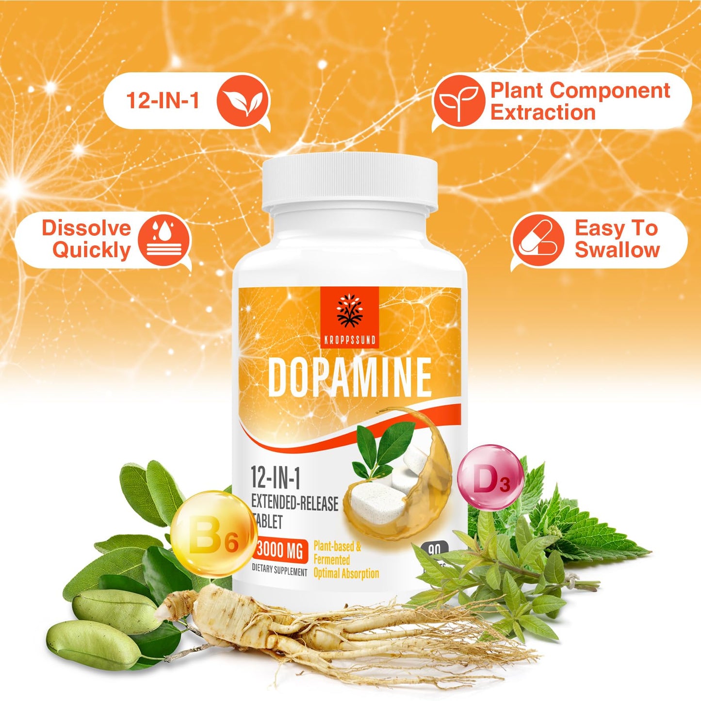 Kroppssund Natural Dopamine Supplement - 90 Tablets (1 Bottle)