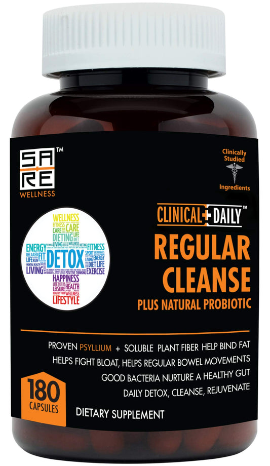 Clinical Daily Regular Cleanse Plus Natural Probiotic - Colon Cleanse & Gut Detox Supplement - Assists with Energy and Constipation Relief - Herbal Dietary Fiber Psyllium Husk Capsules - 180 Count