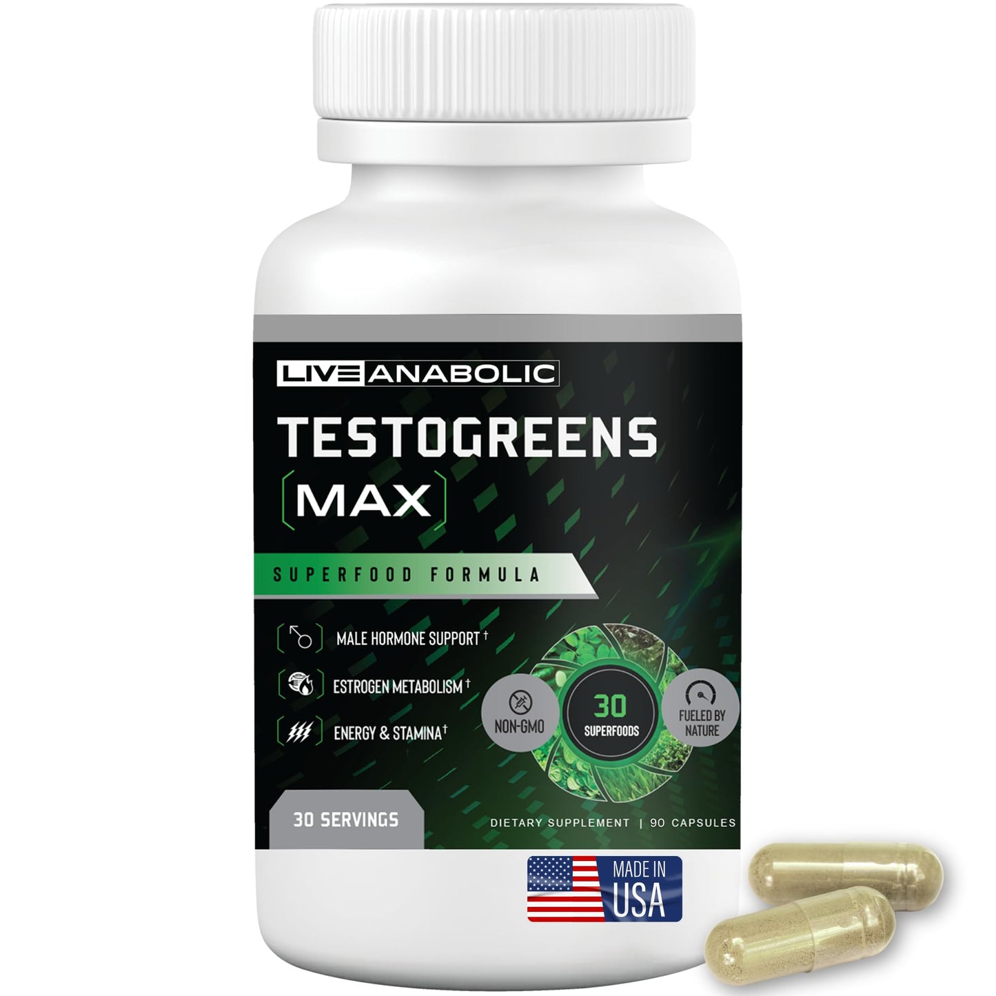 Live Anabolic - TestoGreens Max - Men’s Daily Greens Capsule Supplement, Natural Male Hormone Support, Enhanced Energy & Stamina