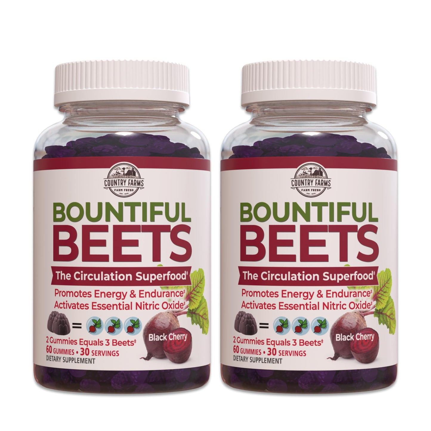 COUNTRY FARMS Bountiful Beets Gummies, Circulation Superfood, Promotes Energy and Endurance, Nitric Oxide Booster, 60 Servings, White, 120 Count, 2 Pack