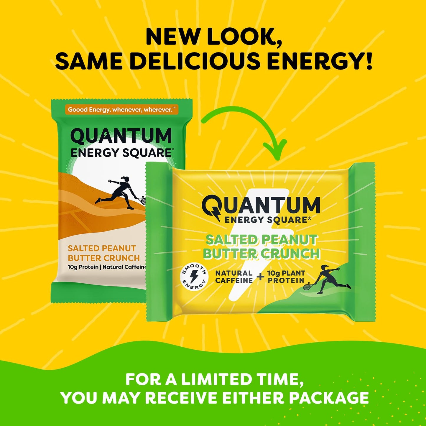 Quantum Energy Square - Energy Bar with Caffeine & 10g Protein - Healthy Snack On the Go - Vegan, Gluten, Soy & Dairy-Free, Salted Peanut Butter 8Pack