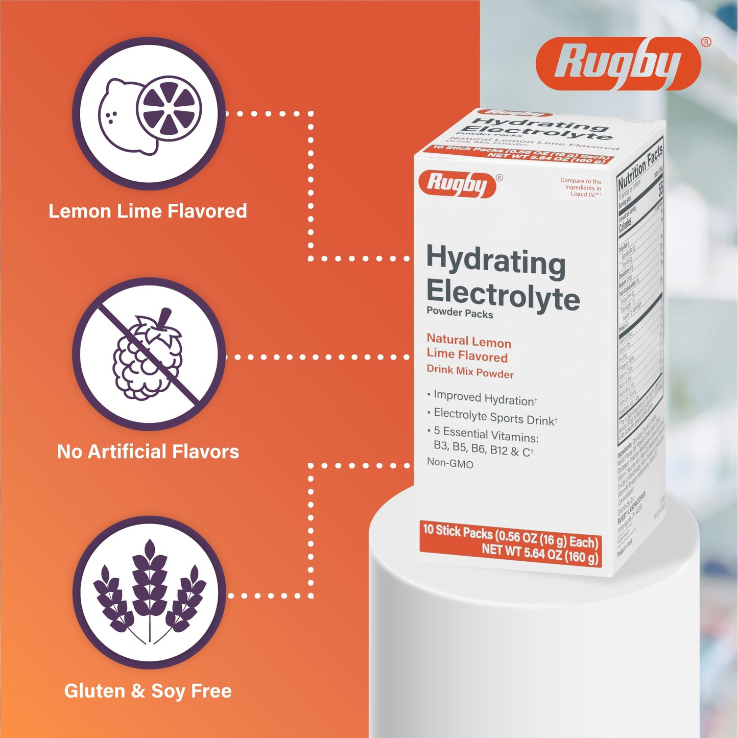 Rugby Hydrating Electrolyte Powder Packs - Drink Mix Powder Packets with 5 Vitamins - Improved Hydration - Natural Lemon-Lime Flavor - 10 Stick Packs - 0.56 Oz Each (3 Pack)