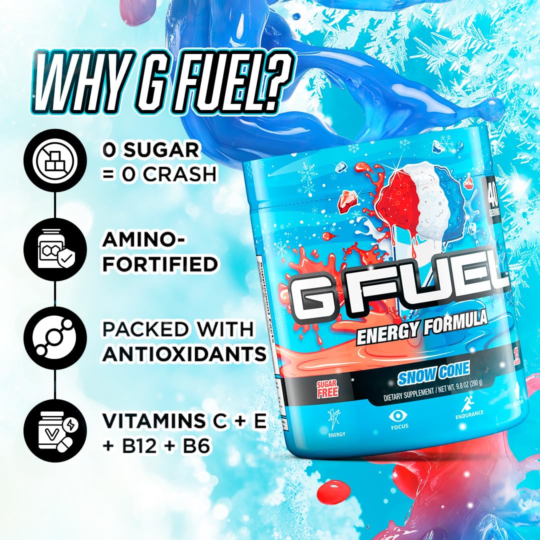 G Fuel Snow Cone Energy Drink Powder, Pre Workout Caffeine Mix for Gaming, Sugar Free Focus Amino, Vitamin + Antioxidants, 9.9oz (Snow Cone, 40 Servings)