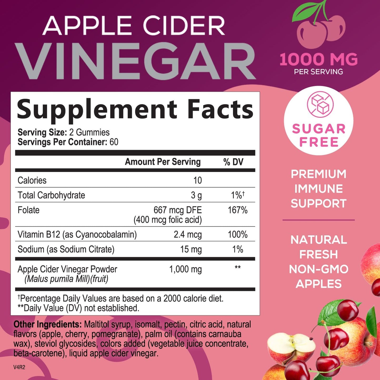 Vegan Apple Cider Vinegar Gummies 1000mg - Sugar Free ACV Vitamins Supplement - Gelatin-Free, Vegan, Non-GMO, Made with Vitamin B12 for Energy - Supports Digestion, Detox and Cleanse - 120 Gummies