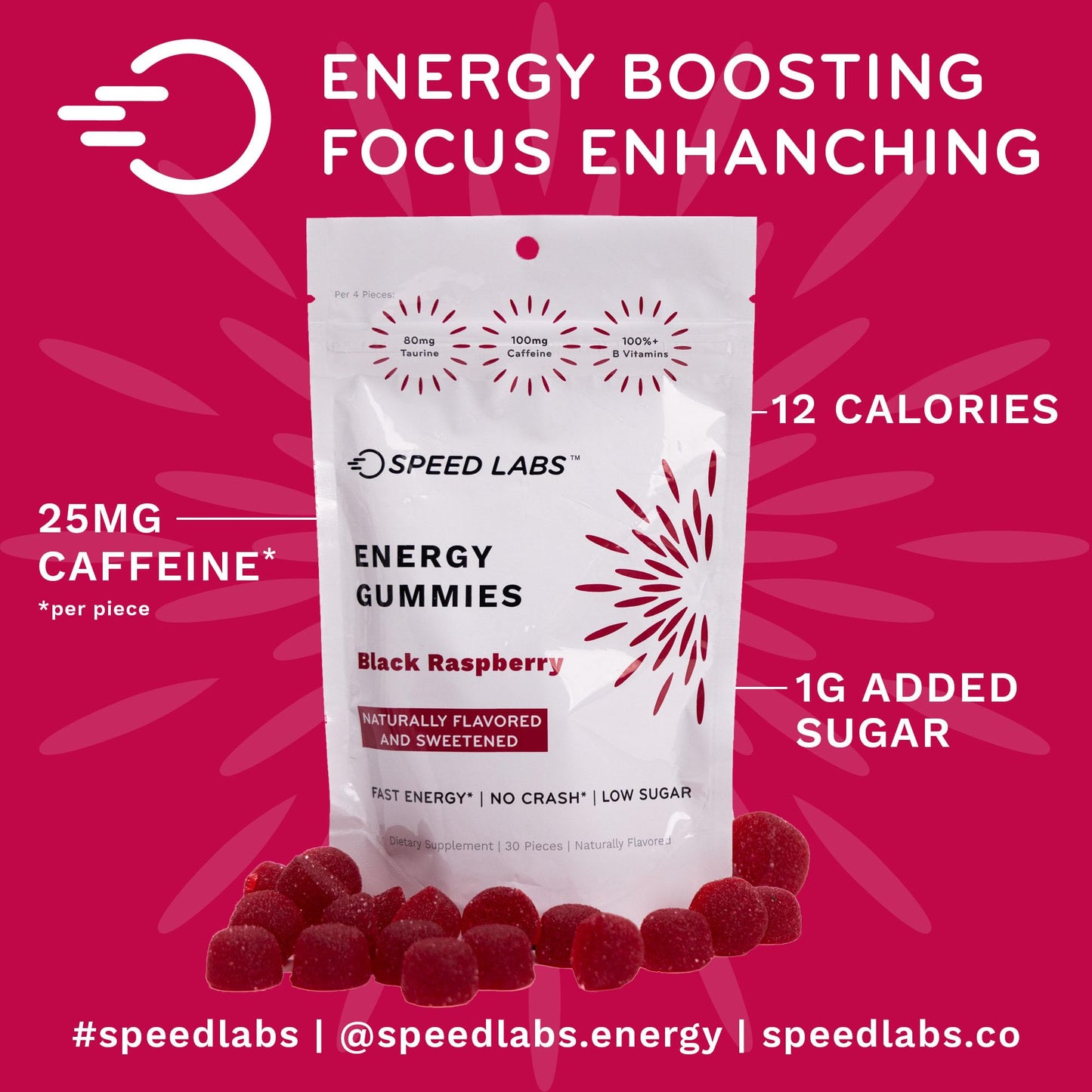 Speed Labs Caffeine Energy Gummies Black Raspberry Natural, 25mg Caffeine, Taurine, B-Vitamins per Piece, 30 Pieces, Vegan, Gluten Free, 1g Added Sugar