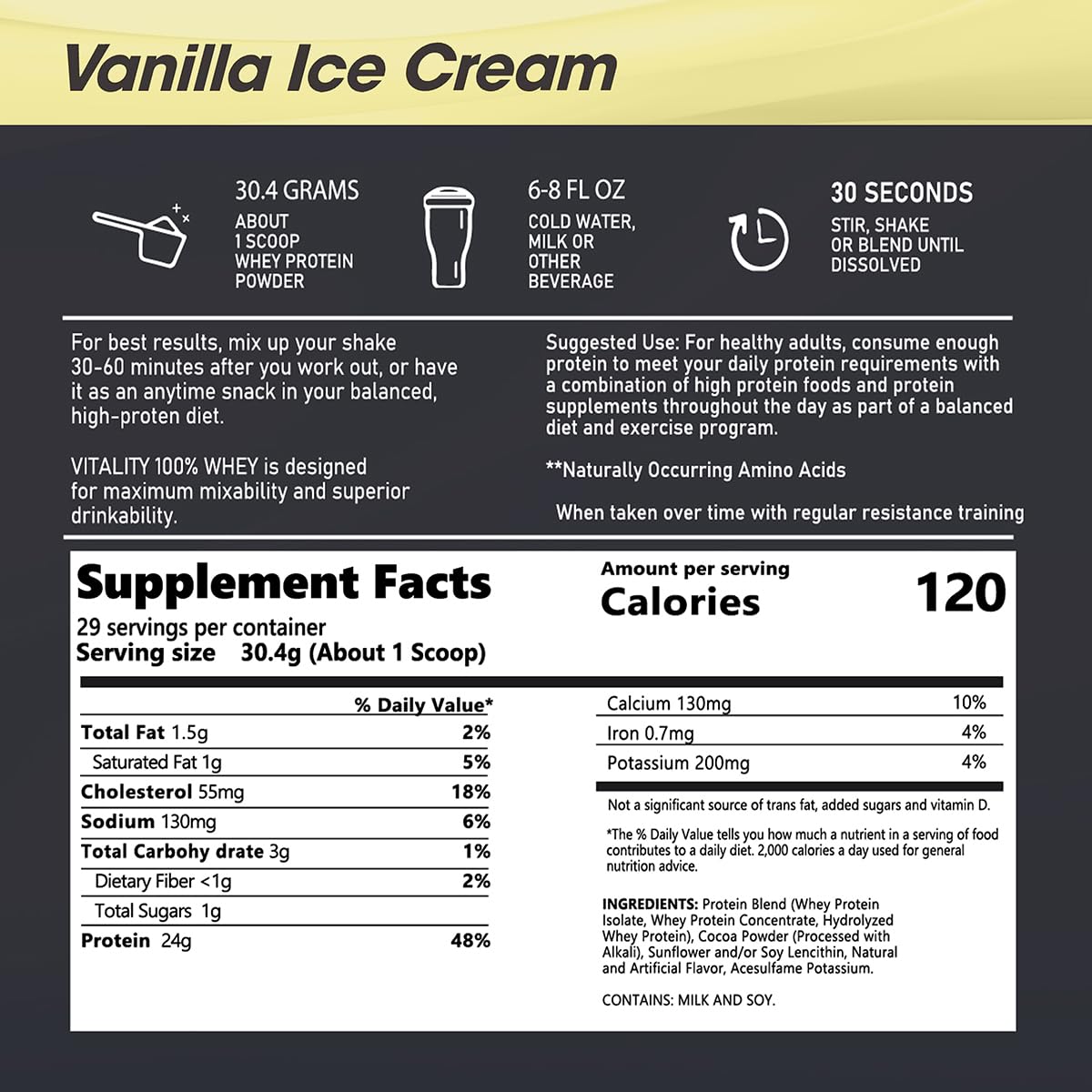 VYHTHY Vanilla Protein Powder, 100% Whey Protein Powder, Low Sugar and 24g Protein per Serving, Ideal for On-The-Go Nutrition and Post-Workout Recovery, 3.5 Pound