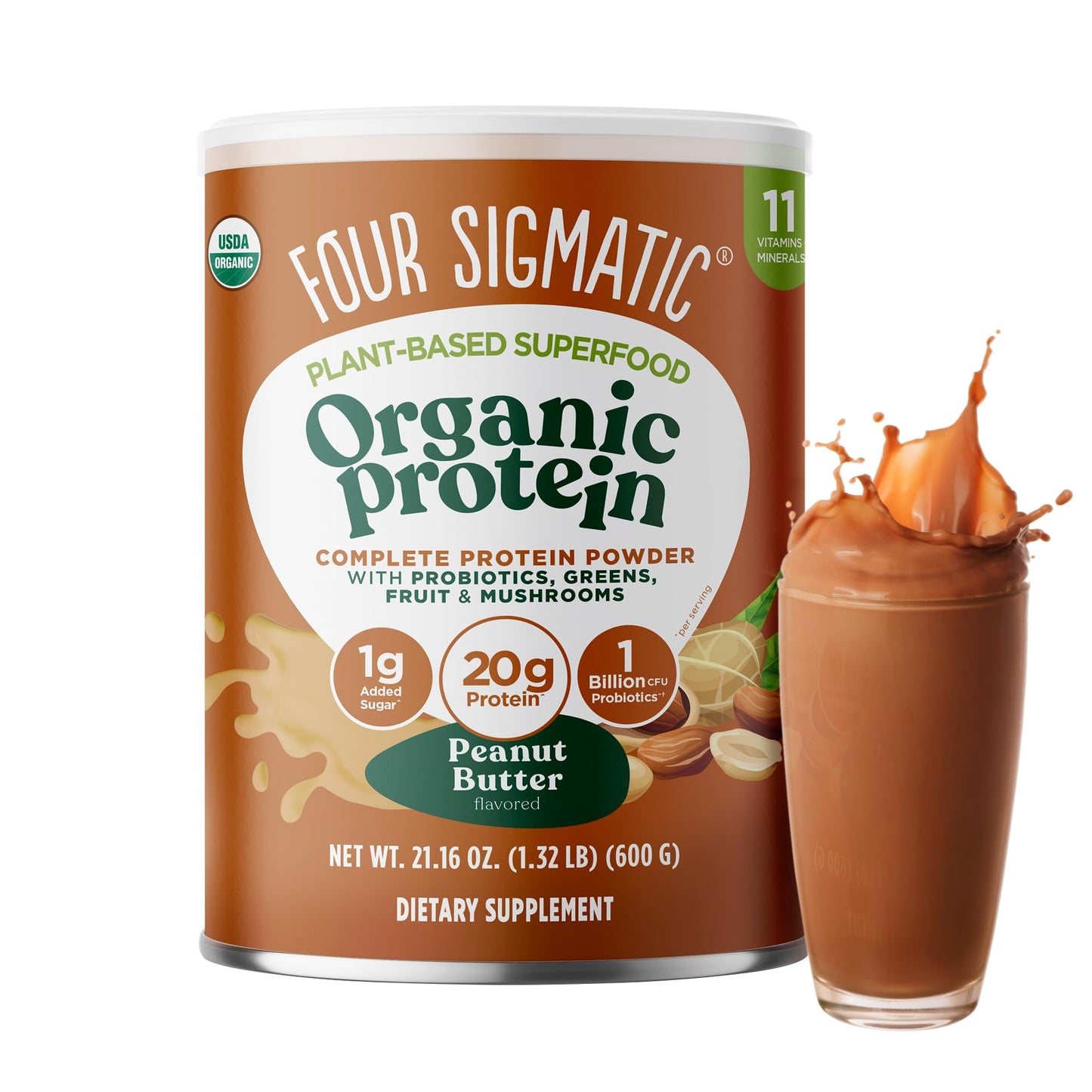 Four Sigmatic Organic Plant-Based Protein Powder Peanut Butter Protein with Lion’s Mane, Chaga, Cordyceps and More | Clean Vegan Protein Elevated for Brain Function and Immune Support | 21.16 oz