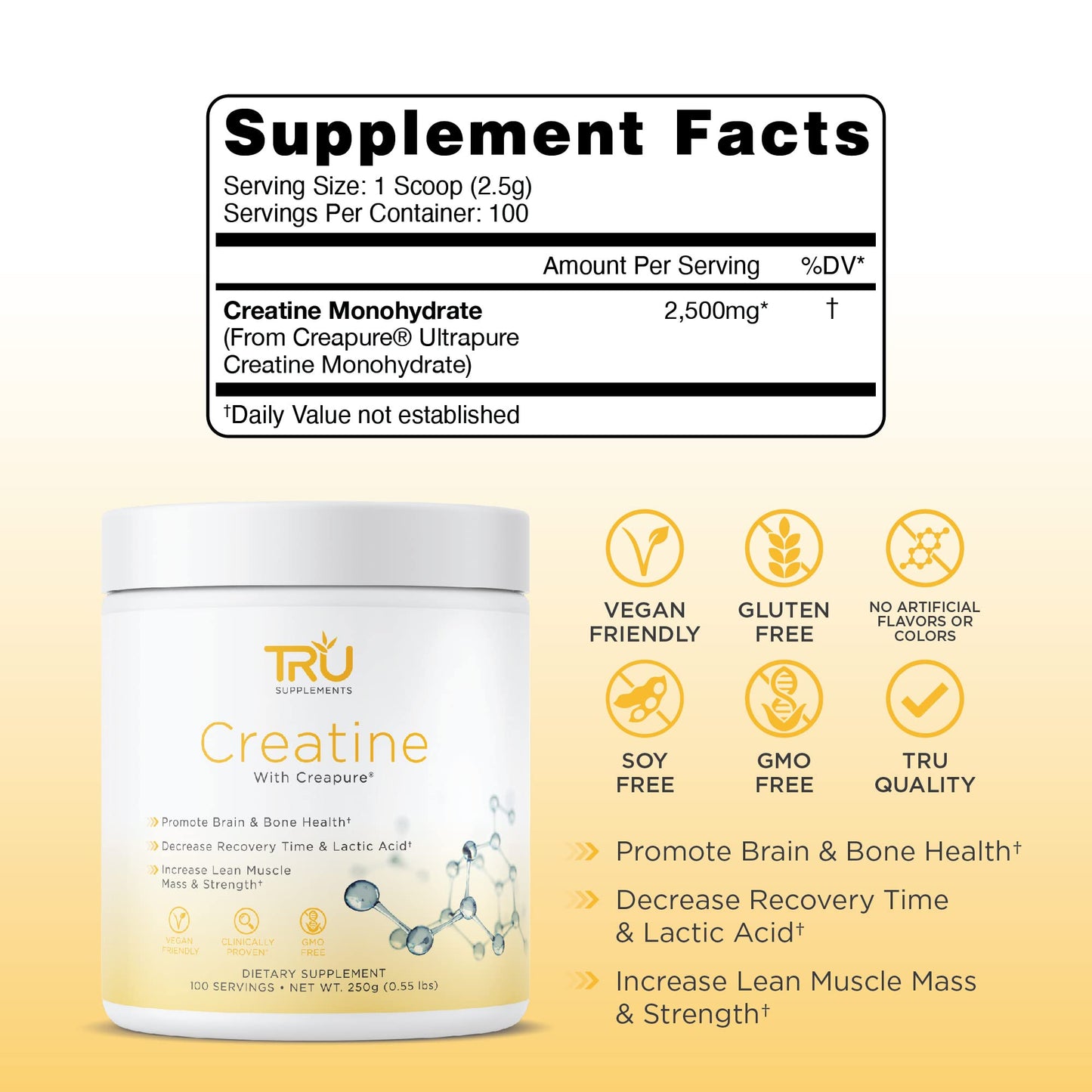TRU Supplements Creatine | 100% Pure Patented Creapure | Increase Strength & Boost Stamina | Build Lean Muscle with Zero Water Retention or Bloating | Clinically Tested and Safe | 100 Servings