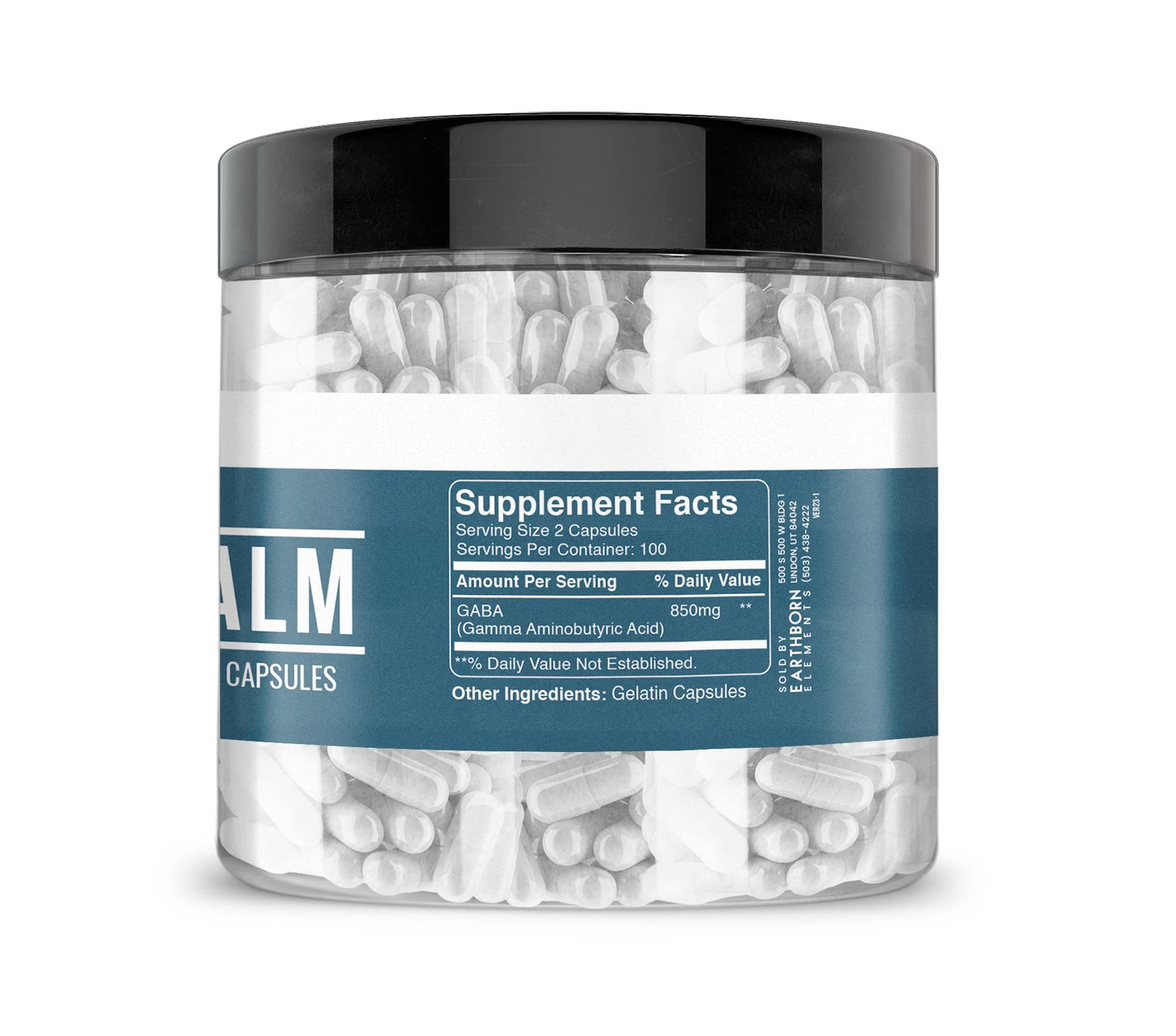 Earthborn Elements GABA (Gamma Aminobutyric Acid) 200 Capsules, Pure & Undiluted, No Additives