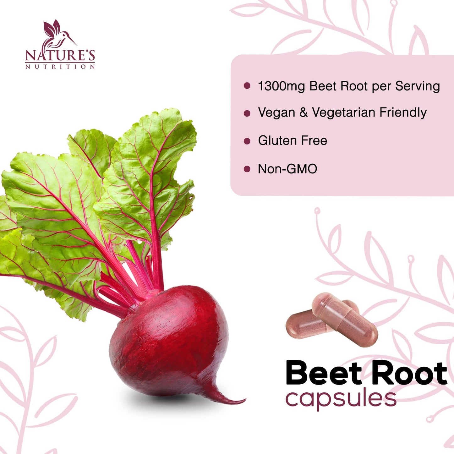 Beetroot Supplement - 1300mg Extra Strength Red Beet Root Powder Supports Nitric Oxide Production & Natural Energy - Vegan Herbal Pills Support Heart Health, GMO & Gluten Free - 60 Capsules