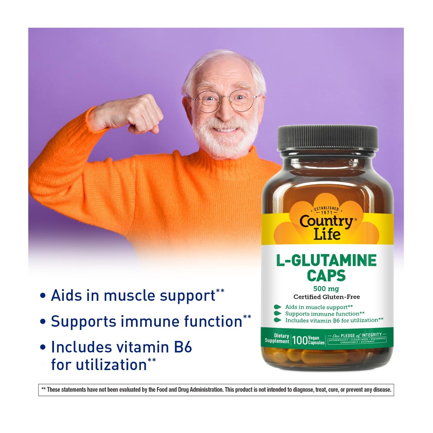 Country Life L-Glutamine 500 mg with B-6 - Amino Acids Supplement for Muscle Support & Gut Health - Vegan, Gluten-Free, Kosher - High Absorption - No Yeast, Corn, Soy - 100 Capsules
