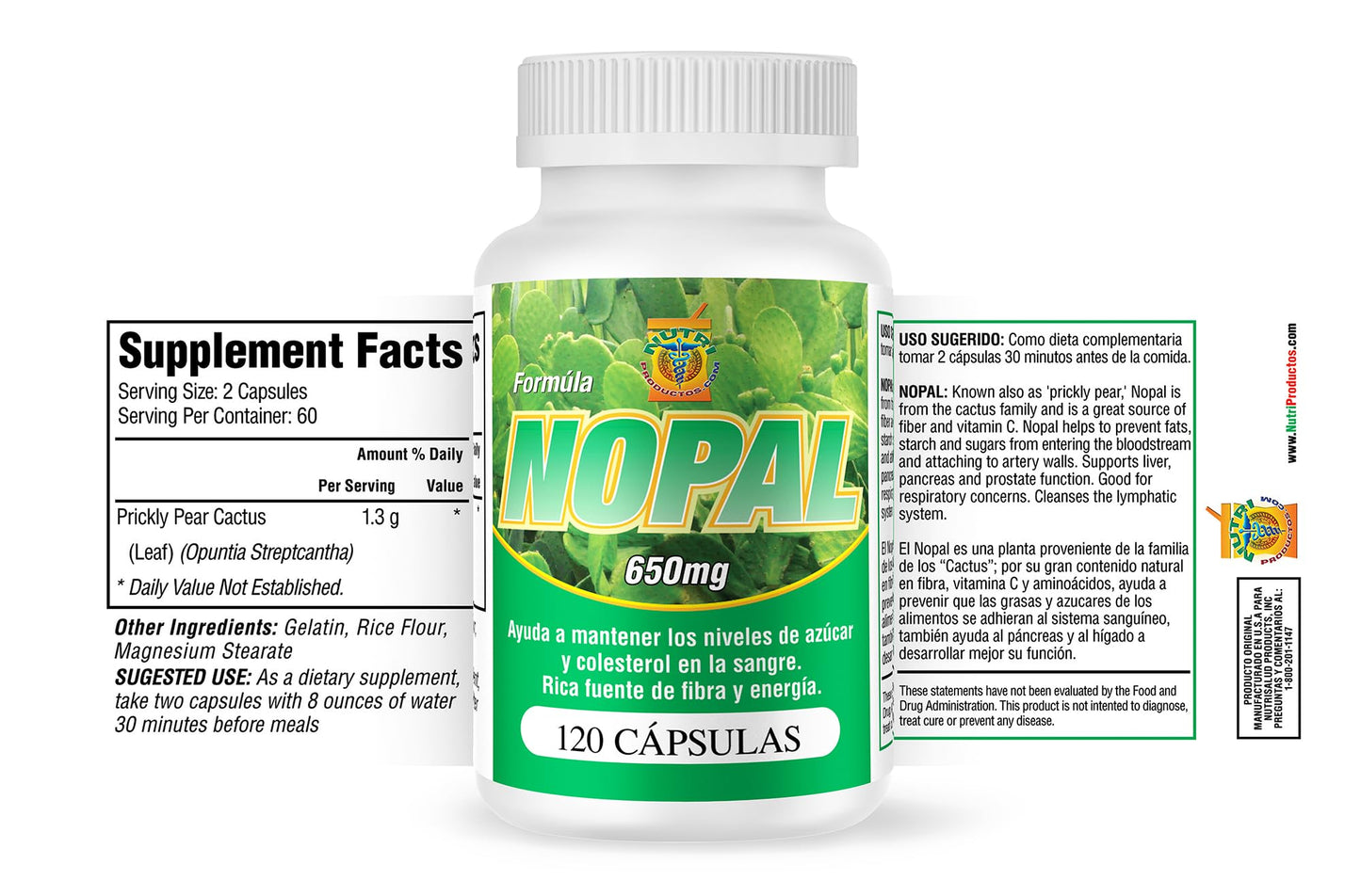 Nutrisalud Products Capsulas de Nopal. Set de 2 frascos con 120 capsulas CADA uno. Puro y autentico. Ayuda a la Digestion,Reduce el colesterol, limpia el Colon.