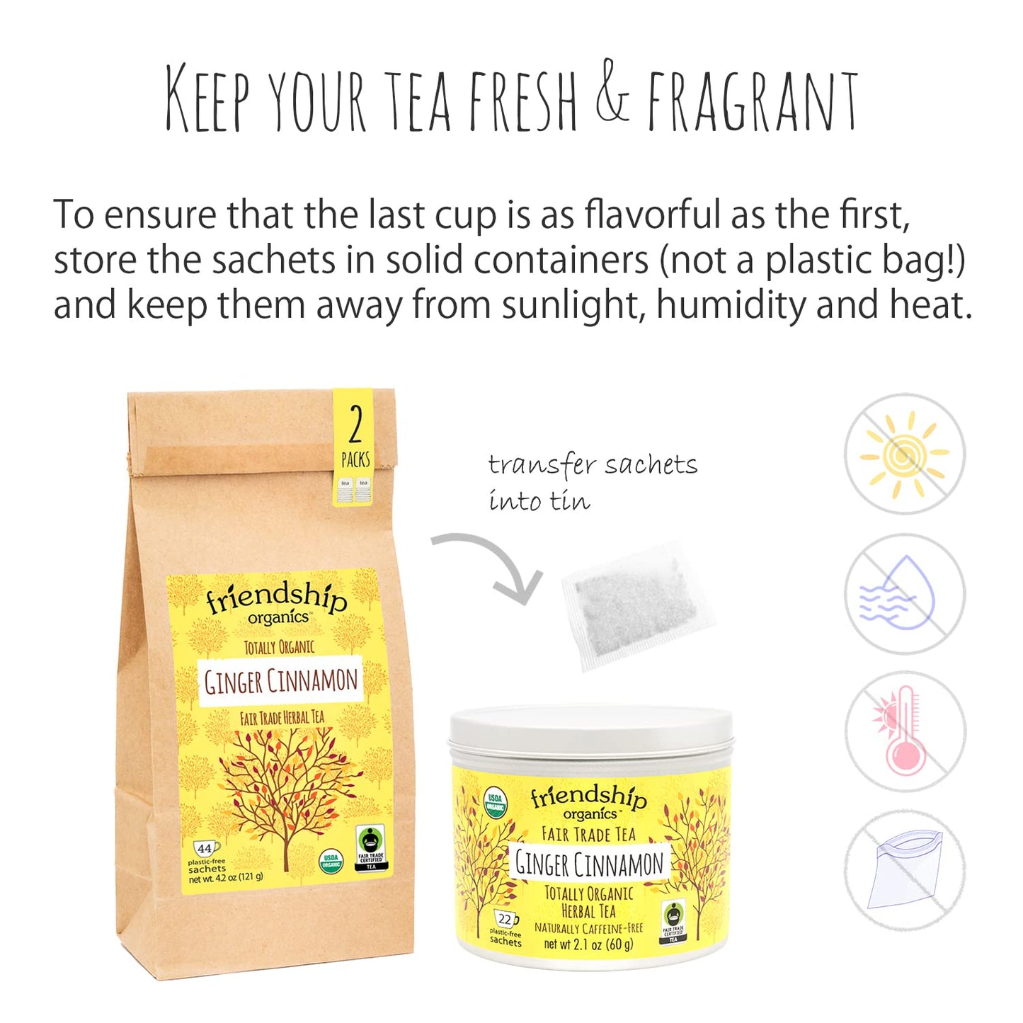 Friendship Organics Ginger Cinnamon Tea Bags Organic Herbal and Fair Trade 22 Count
