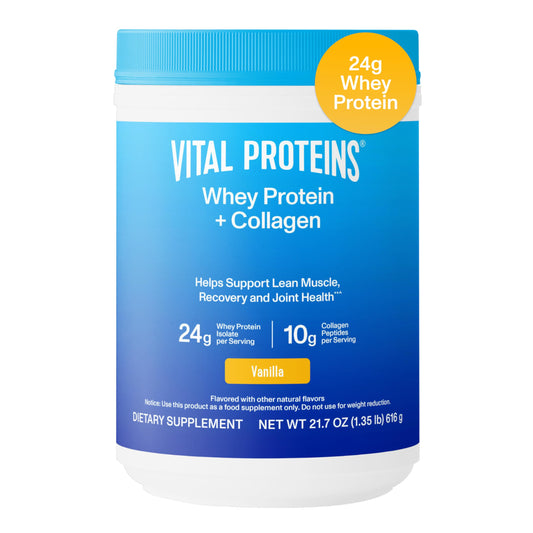 Vital Proteins Whey Protein Powder+ Collagen Peptides, 24g Protein Supporting Recovery & Joint Health, with Vitamin C, About 16 Servings - Vanilla 21.7oz