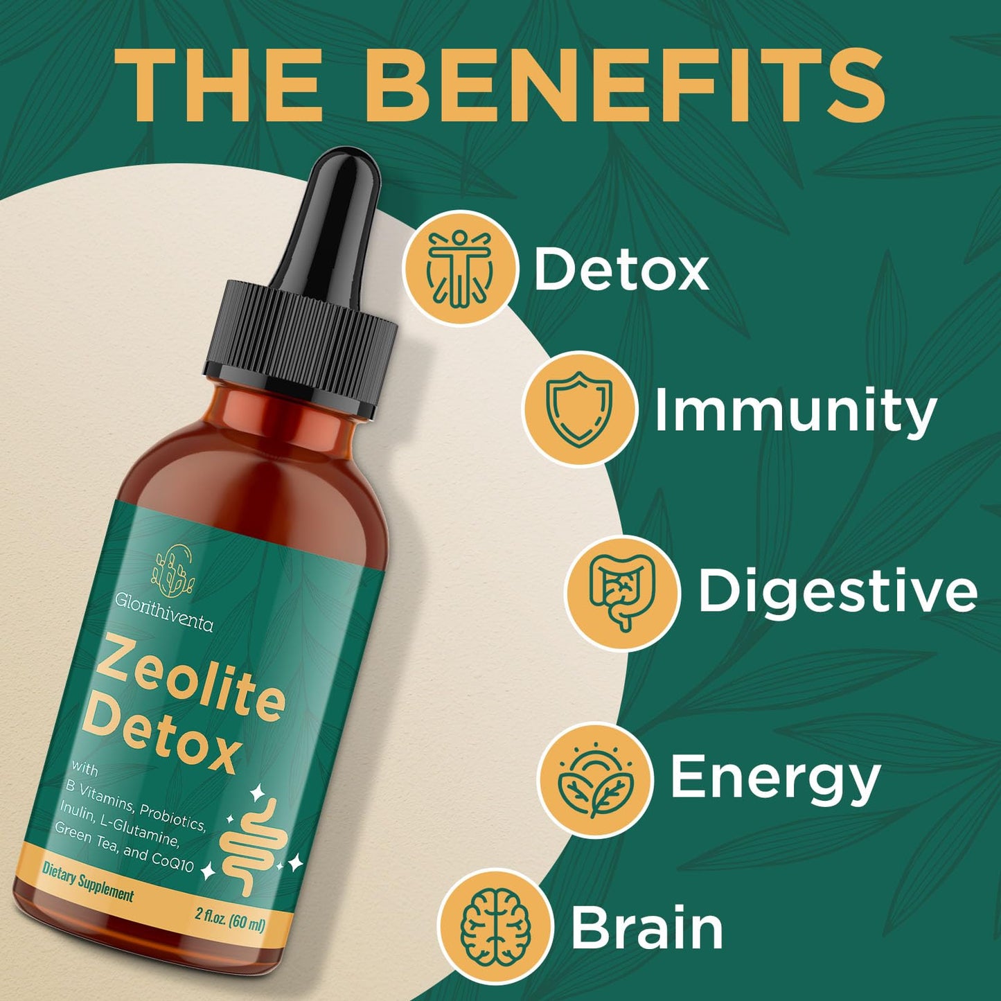 Glorithiventa Zeolite Detox for Adults, Zeolite Liquid Drops with Vitamin B, Probiotic Blend, Gentle Detox for Adults, Energy, Gut, Focus - 2 Fl Oz (1 Bottle)