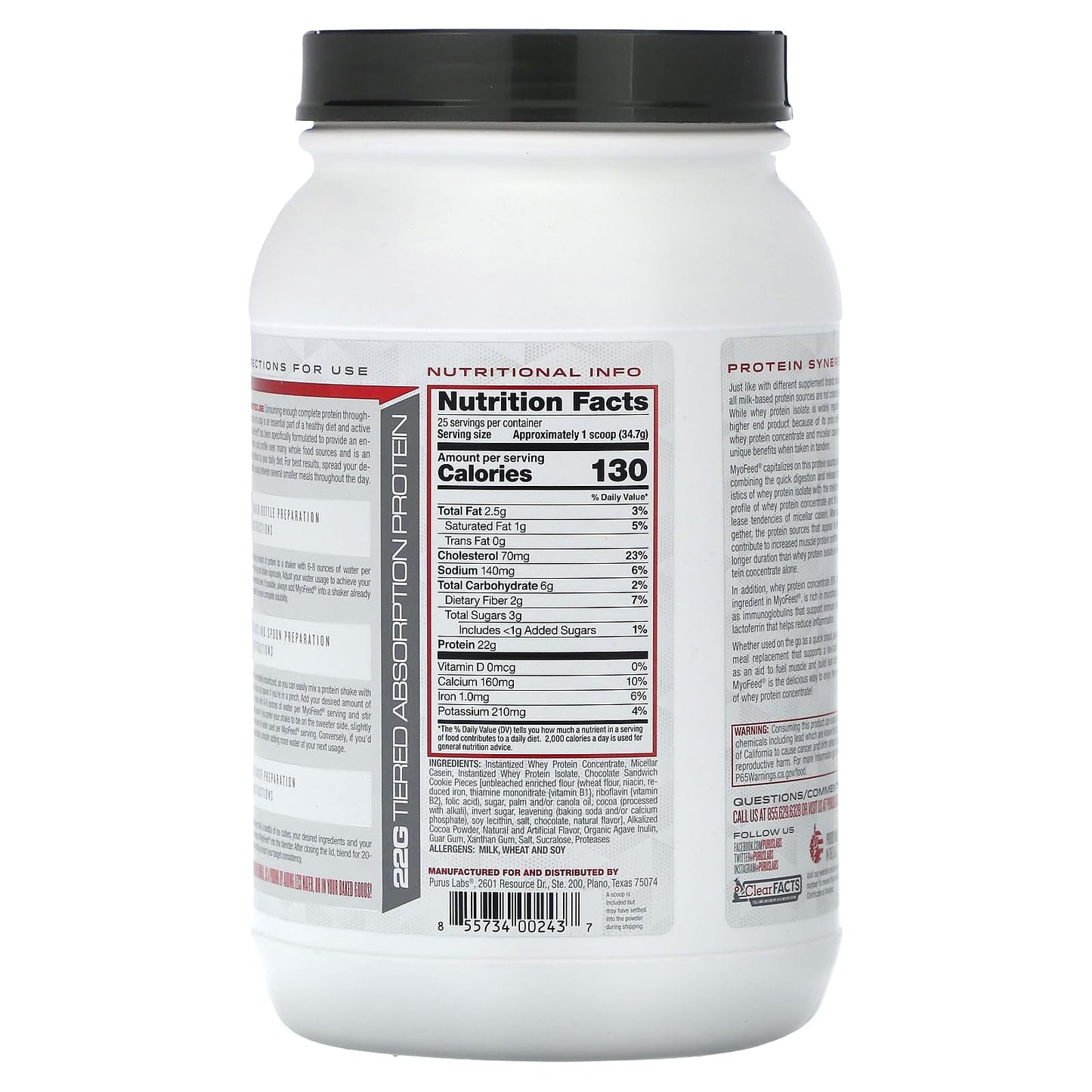 Purus Labs Myofeed Blended Protein | Ultra Filtered Whey Isolate & Concentrate | Soluble Fiber & Digestive Enzymes | 25 Servings (Chocolate Cookie Crunch)