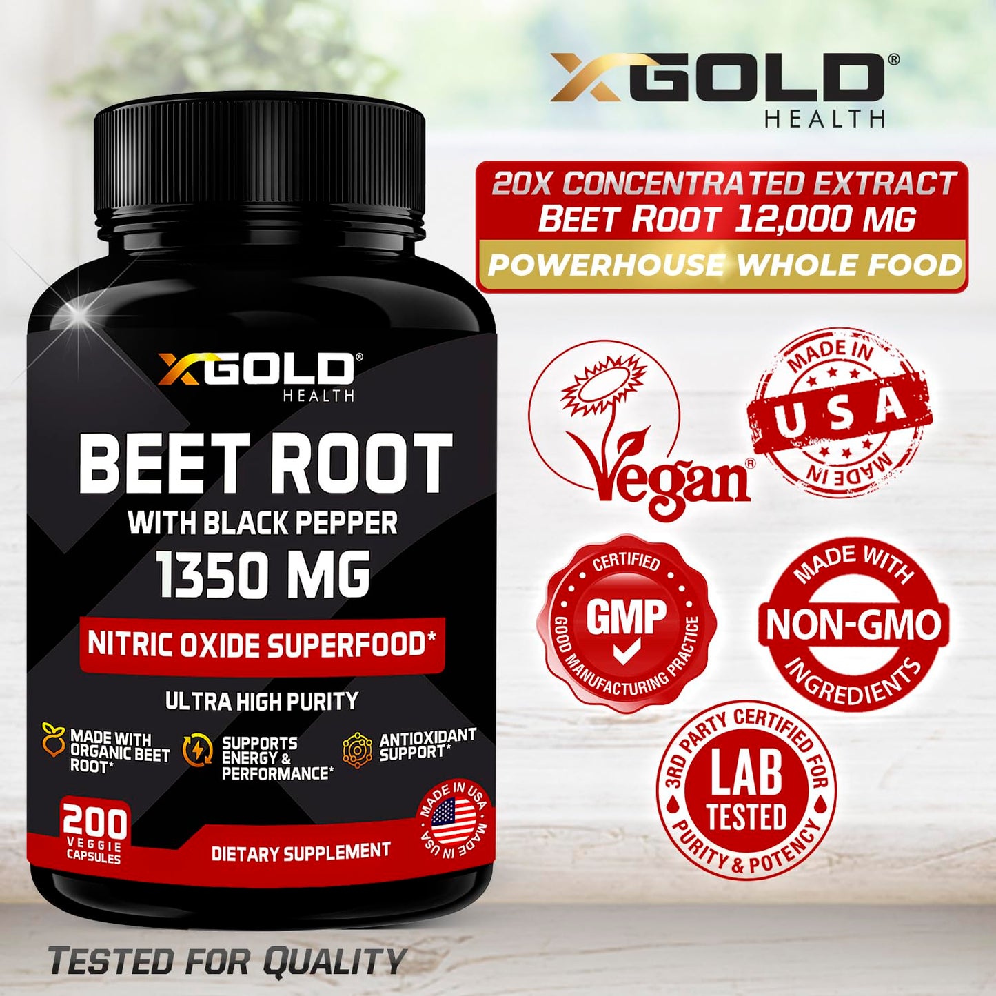 Organic Beet Root Beet Capsules 1350 mg 200 Veggie caps Superfood Nitric Oxide Strongest Premium Supplement Natural Nitrates | Black Pepper for Best Benefits | Non-GMO, & Gluten-Free | Made in USA