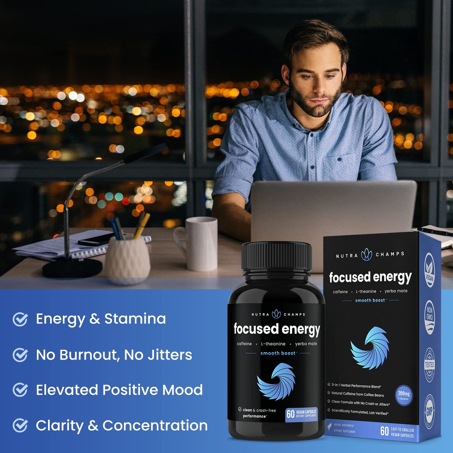 Caffeine Pills with L-Theanine for Focused Energy, Smooth & Clean Energy Supplement for Focus & Performance, No Crash, No Jitters, 60 Vegan Energy Pills