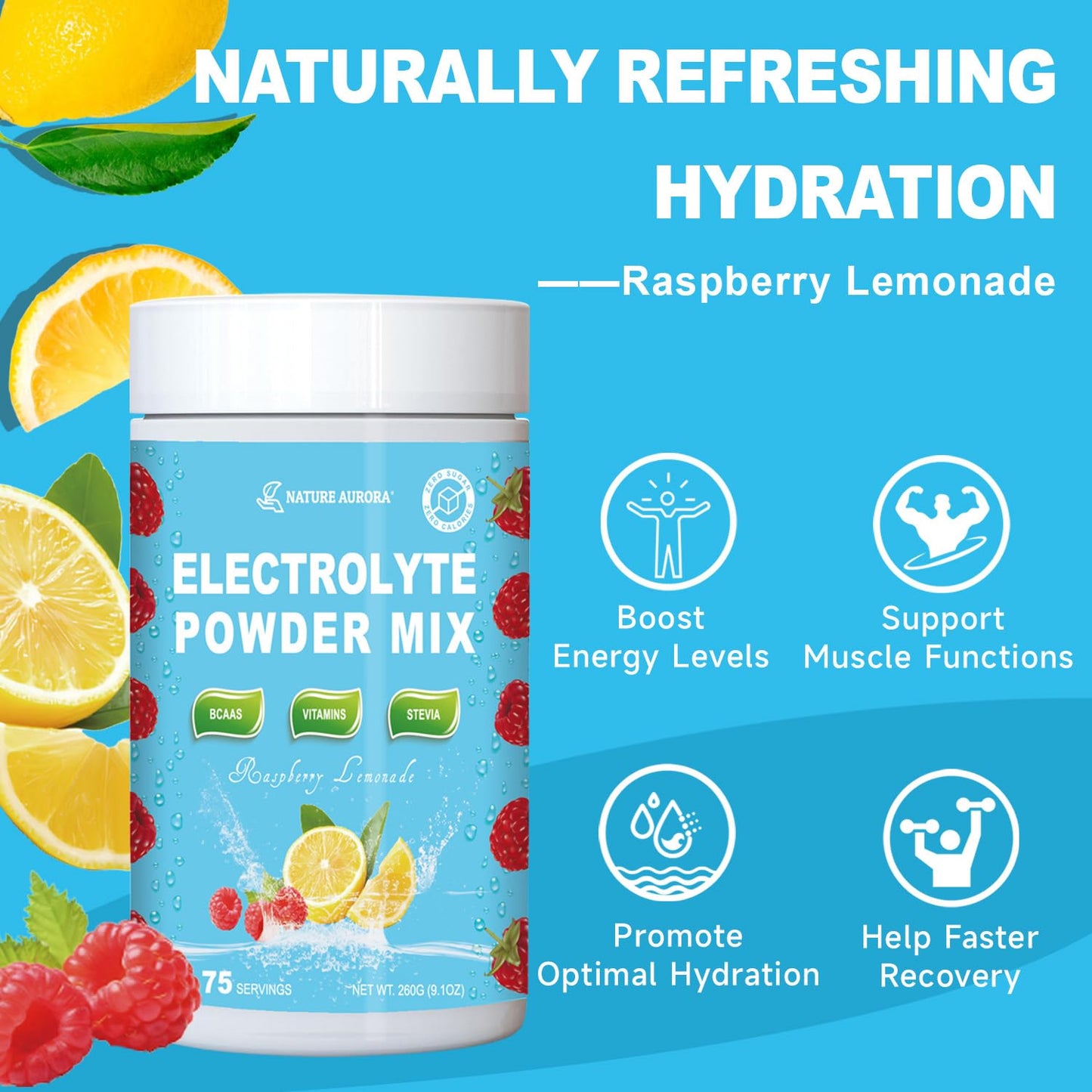 Electrolytes Powder No Sugar, Keto Hydration Electrolyte Drink Mix Supplement for Energy, Muscle Function - Enhanced with Himalayan Salt +BCAAs +Vitamins, Non-GMO (Raspberry Lemonade, 75 Servings)