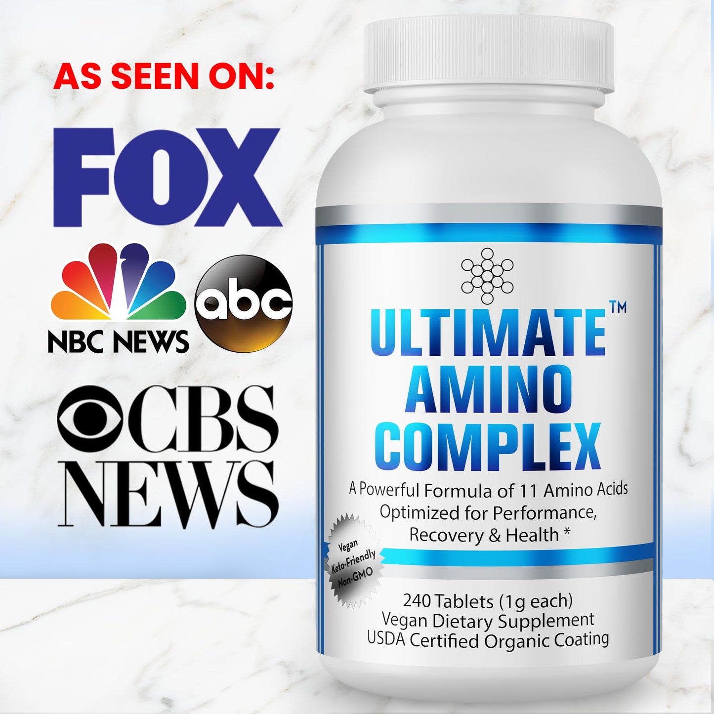 Ultimate Amino Complex Supplement - 240 Easy-to-Swallow, Flavorless 1g Tablets - All 9 Essential Amino Acids Plus Cystine & Tyrosine - 2:1:1 BCAA Ratio - Increase Energy & Muscle - Vegan & Non-GMO