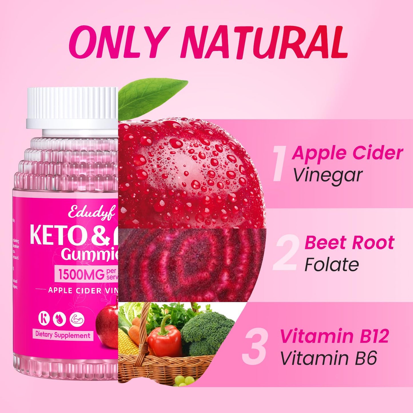 EDUDYF Keto ACV Gummies - Sugar-Free Apple Cider Vinegar Gummies Keto-Friendly, Vegan, Non-GMO, Gluten-Free Apple Flavor Formula for Men & Women 60 Count