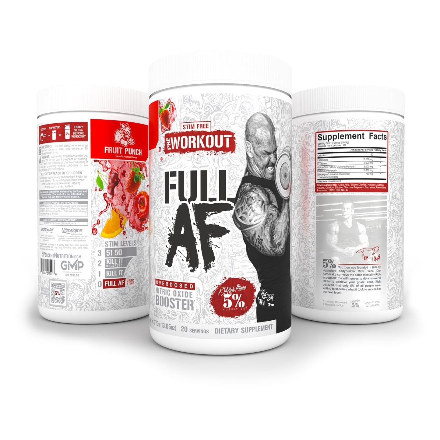 5% Nutrition FullAF Pre-Workout | Stim-Free with Massive Pumps | L-Citrulline, L-Taurine, Nitrosigine, GlycerSize (Fruit Punch)