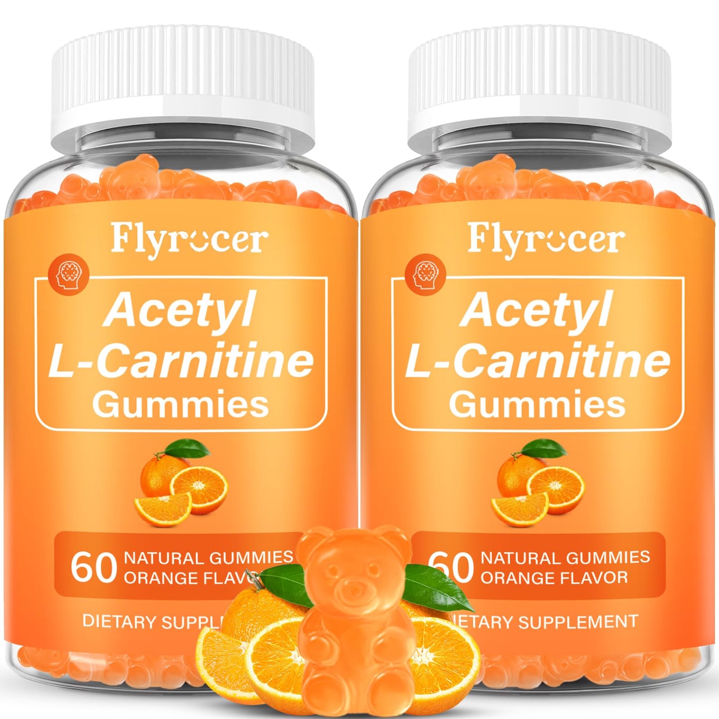 2 Pack Acetyl L-Carnitine Gummies for Energy & Brain Function Support - Vegan, Non-GMO, Orange Flavor, 120 Count (60-Day Supply)