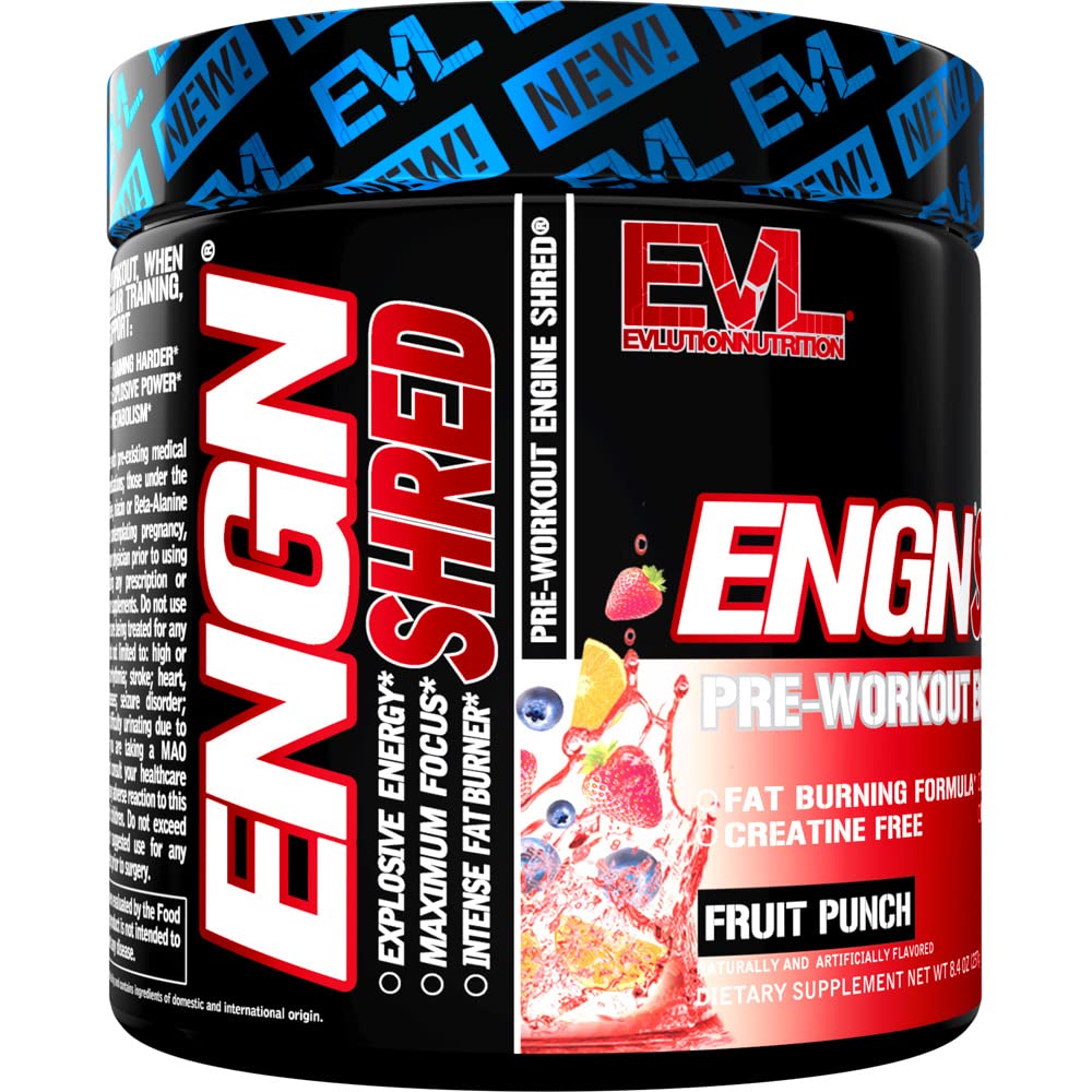 EVL Ultimate Pre Workout Powder - Thermogenic Fat Burn Support Preworkout Powder Drink for Lasting Energy Focus and Stamina - ENGN Shred Intense Creatine Free Preworkout Drink Mix - Fruit Punch