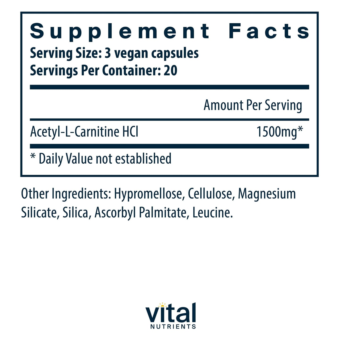 Vital Nutrients Acetyl L-Carnitine 500mg | Brain, Memory, and Cognitive Support Supplement* | Vegan | Gluten, Dairy, Soy Free | Non-GMO | 60 Capsules