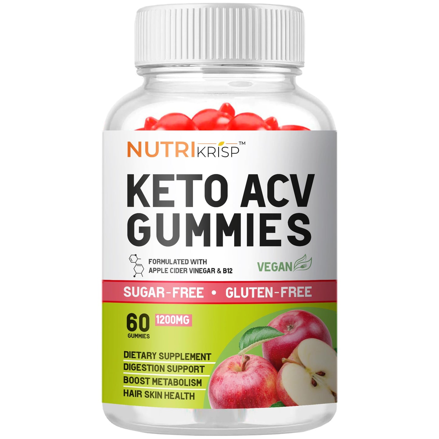 NutriKrisp Keto ACV Gummy - Sugar-Free Gluten Free Pro Active Super Apple Cider Vinegar Supplement for Men Women - Support Digestion Hair Skin (1200MG)