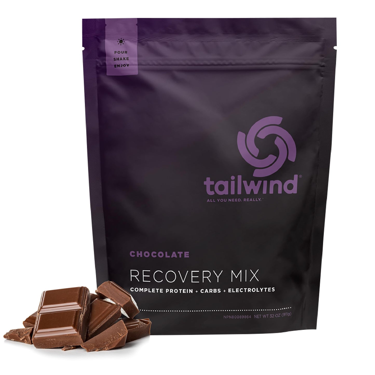 Tailwind Nutrition Recovery Mix, Complete Protein, Carbohydrates, and Electrolytes Powder Drink Mix for Post-Workout, Free of Gluten, Soy, and Dairy, Vegan, 15 Servings, Chocolate
