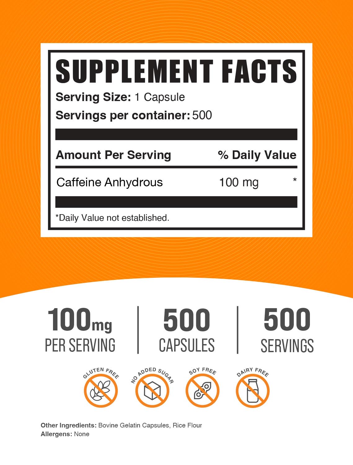 BulkSupplements.com Caffeine 100mg Capsules - Caffeine Supplements, Caffeine Pills 100mg - for Energy Support, 1 Caffeine Capsule per Serving, 500 Capsules (Pack of 1)