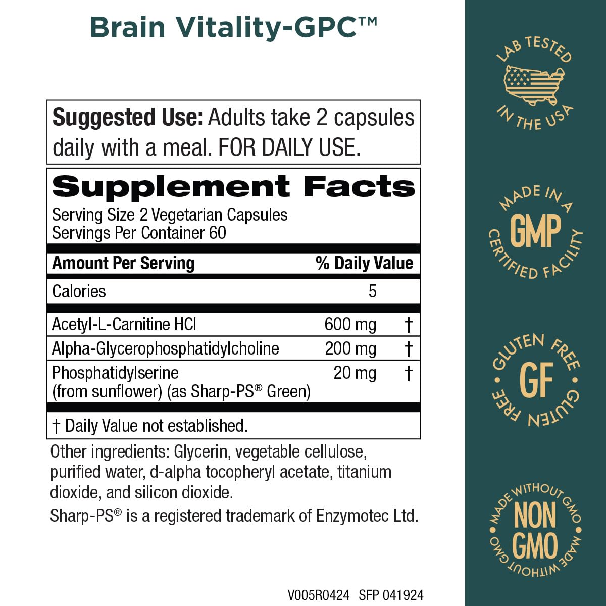 Purity Products Brain Vitality-GPC Super Formula Acetyl L-Carnitine HCI + Alpha GPC + Phosphatidlyserine - Supports Normal Concentration and Mental Clarity - 120 Caps