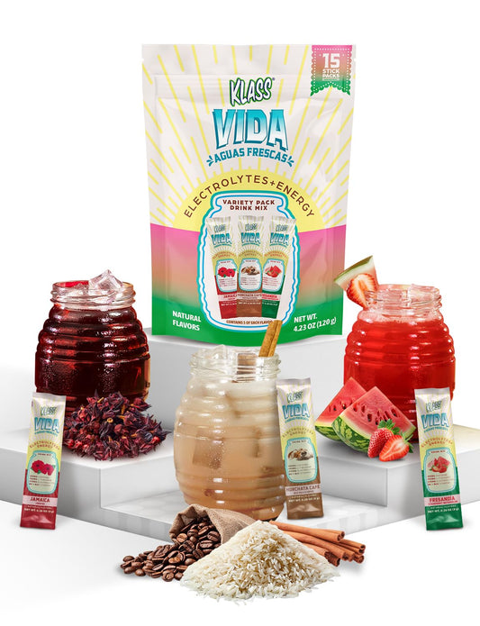 KLASS VIDA Hydration + Energy Sugar-Free Powder Packets |Electrolyte Agua Fresca Drink Mix, Caffeine & Theanine |Hibiscus, Horchata, Strawberry Watermelon |15 Single Serve Sticks |Low Calorie
