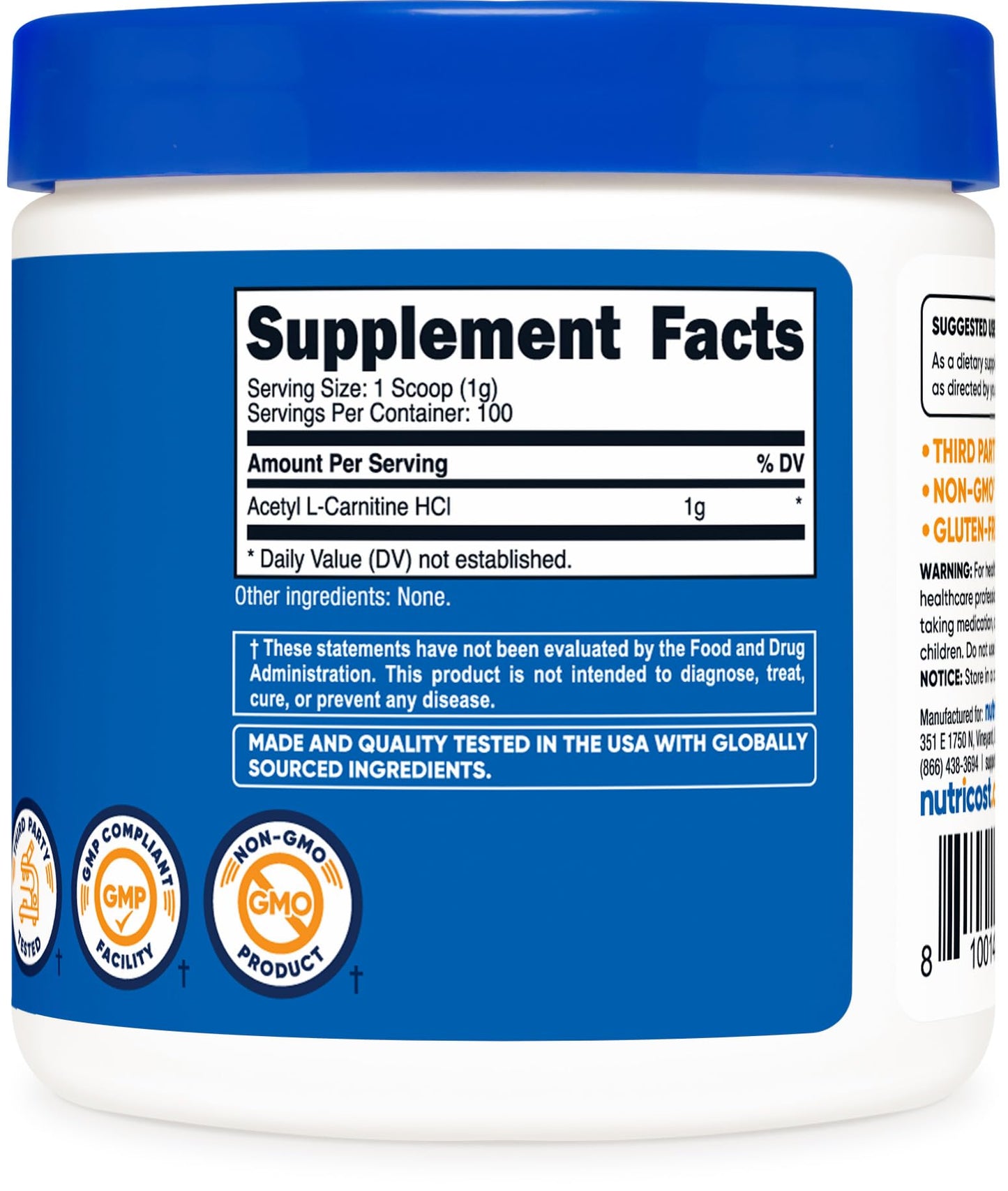 Nutricost Acetyl L-Carnitine HCI (ALCAR) 100 Grams per Container - 1G Per Serving - Non-GMO, Gluten Free, Unflavored