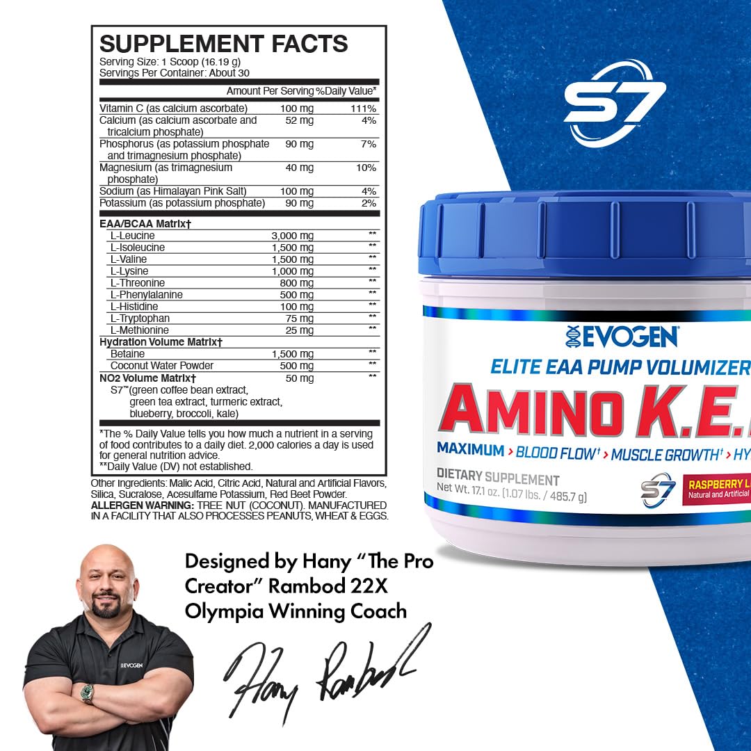 Evogen Amino K.E.M. - EAA & BCAA Powder Pump Volumizer | BCAAs Amino Acids Supplement for Blood Flow, Muscle Growth, & Hydration | Sour Candy | 30 Servings