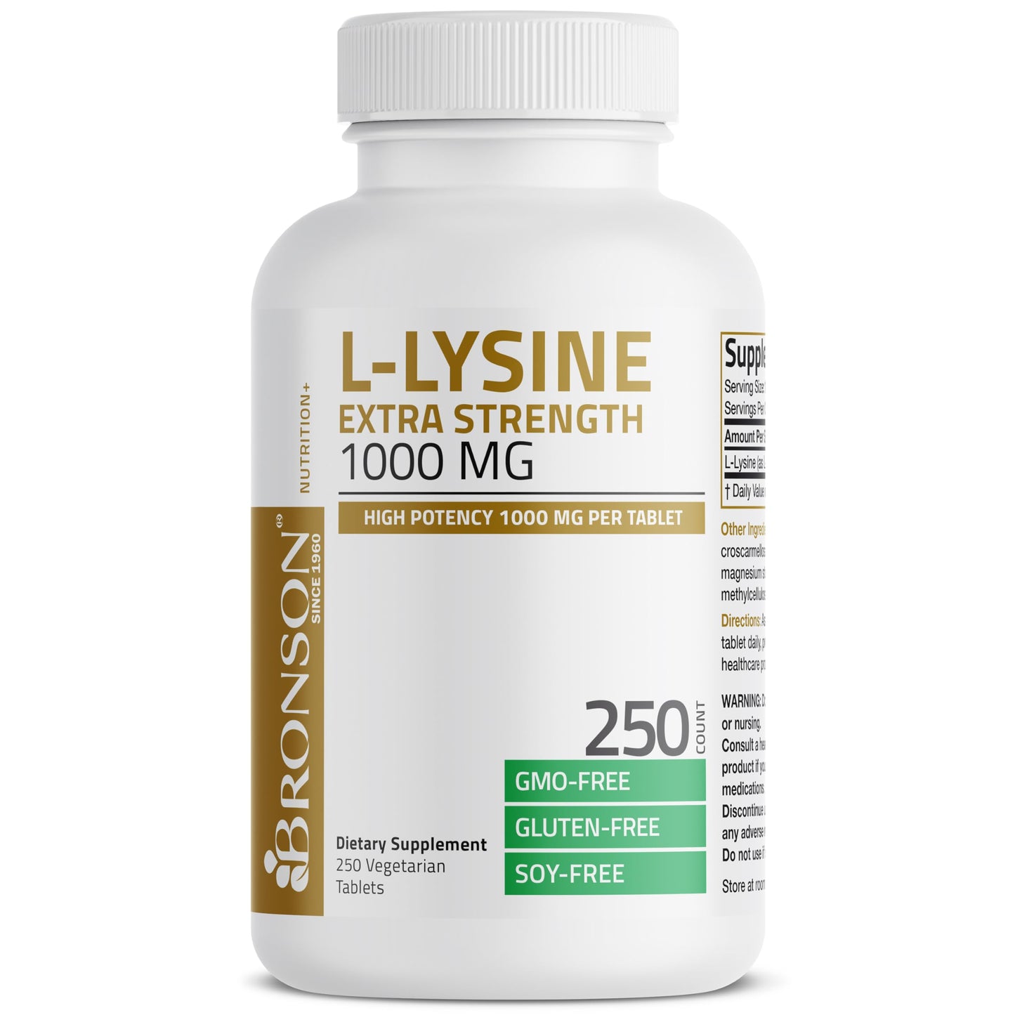 Bronson L-Lysine Extra Strength 1000 MG per Tablet High Potency, Immune Support & Supports Collagen Synthesis, Non-GMO, 250 Vegetarian Tablets