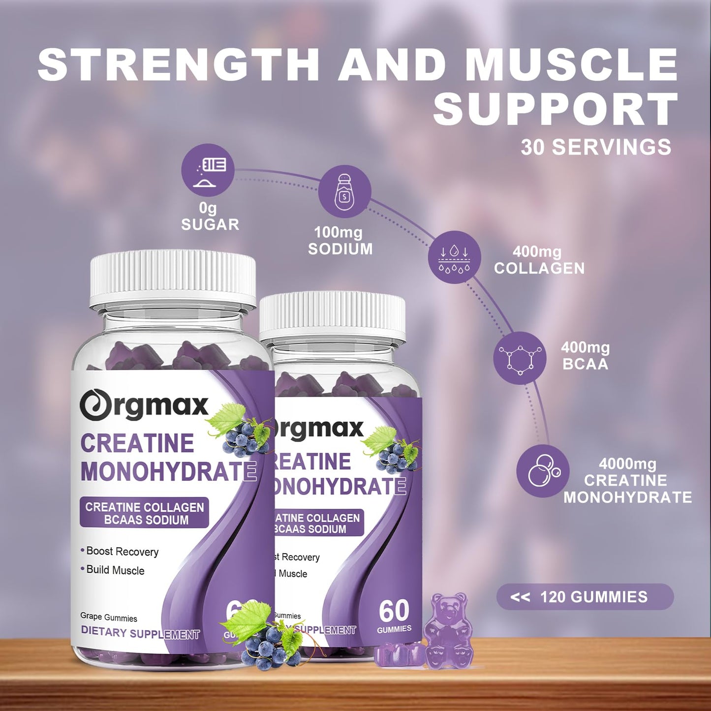 Generic Creatine Monohydrate Gummies, Delicious Grape Flavored for Men & Women, Enhanced with Collagen & BCAA, Easy-to-Swallow Chews for Muscle Strength, Energy Boost, Pre-Workout Supplement(2 Pack)