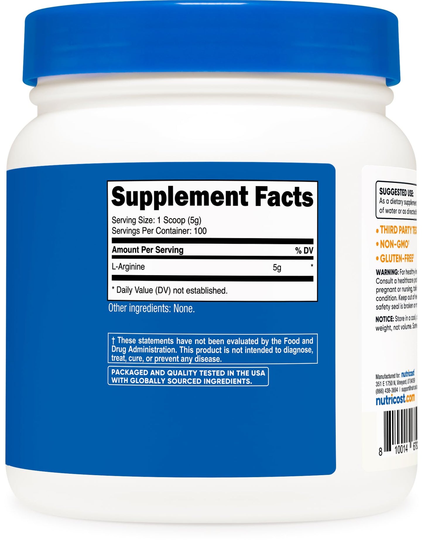 Nutricost L-Arginine Powder 500 Grams (1.1lbs) - Pure L-Arginine Powder - 5000mg Per Serving; 100 Servings