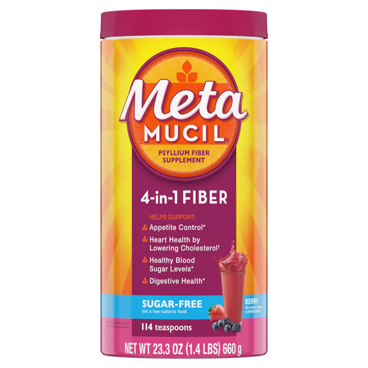 Metamucil Fiber, 4-in-1 Psyllium Fiber Supplement, Sugar-Free Powder, Berry Flavored Drink, 114 Servings (Packaging May Vary)