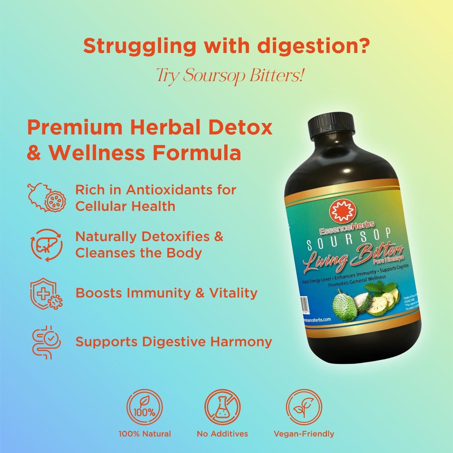 Essence Herbs Soursop Bitters Liquid for Immune Support & Gut Health with Soursop Leaves, Moringa, Black Seed, Neem Tree & More 16oz (Pack of 1)