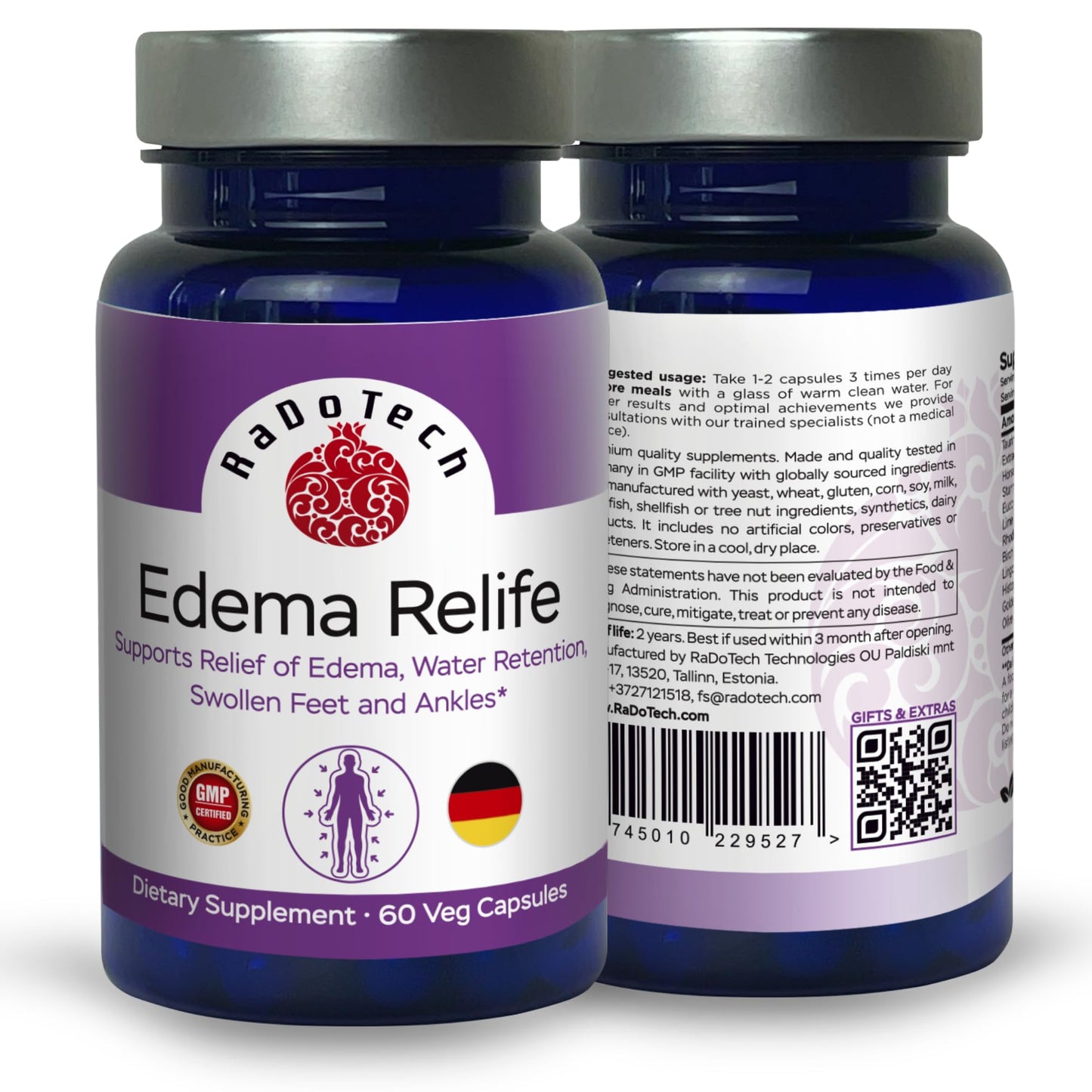 RaDoTech Edema Relife Support Relief of Edema, Water Retention, Swollen Feet and Ankles 60 Veg Capsules GMP
